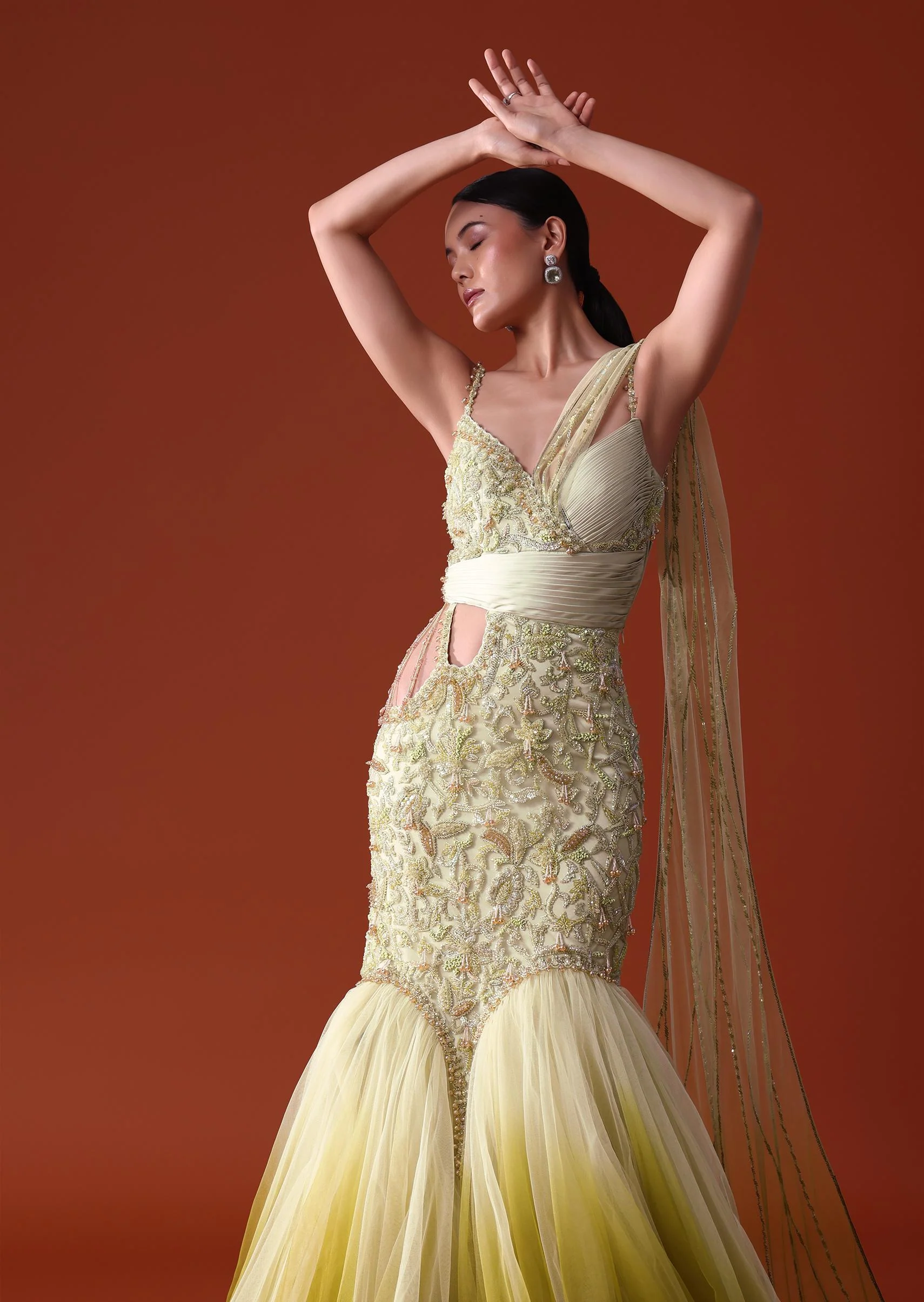 Citrus Green Ombre Fishcut Zardozi Gown Saree - Image 6