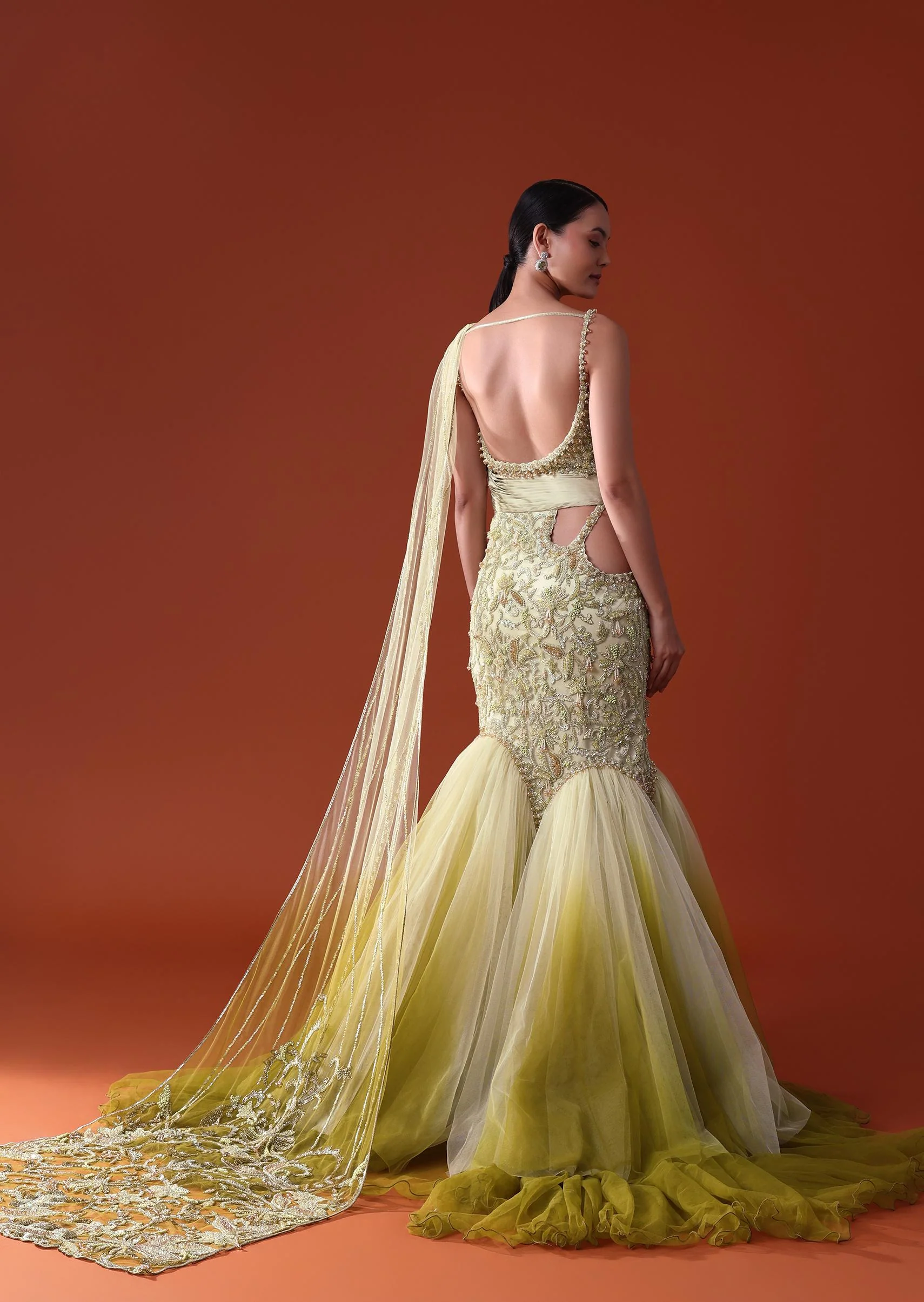Citrus Green Ombre Fishcut Zardozi Gown Saree - Image 7