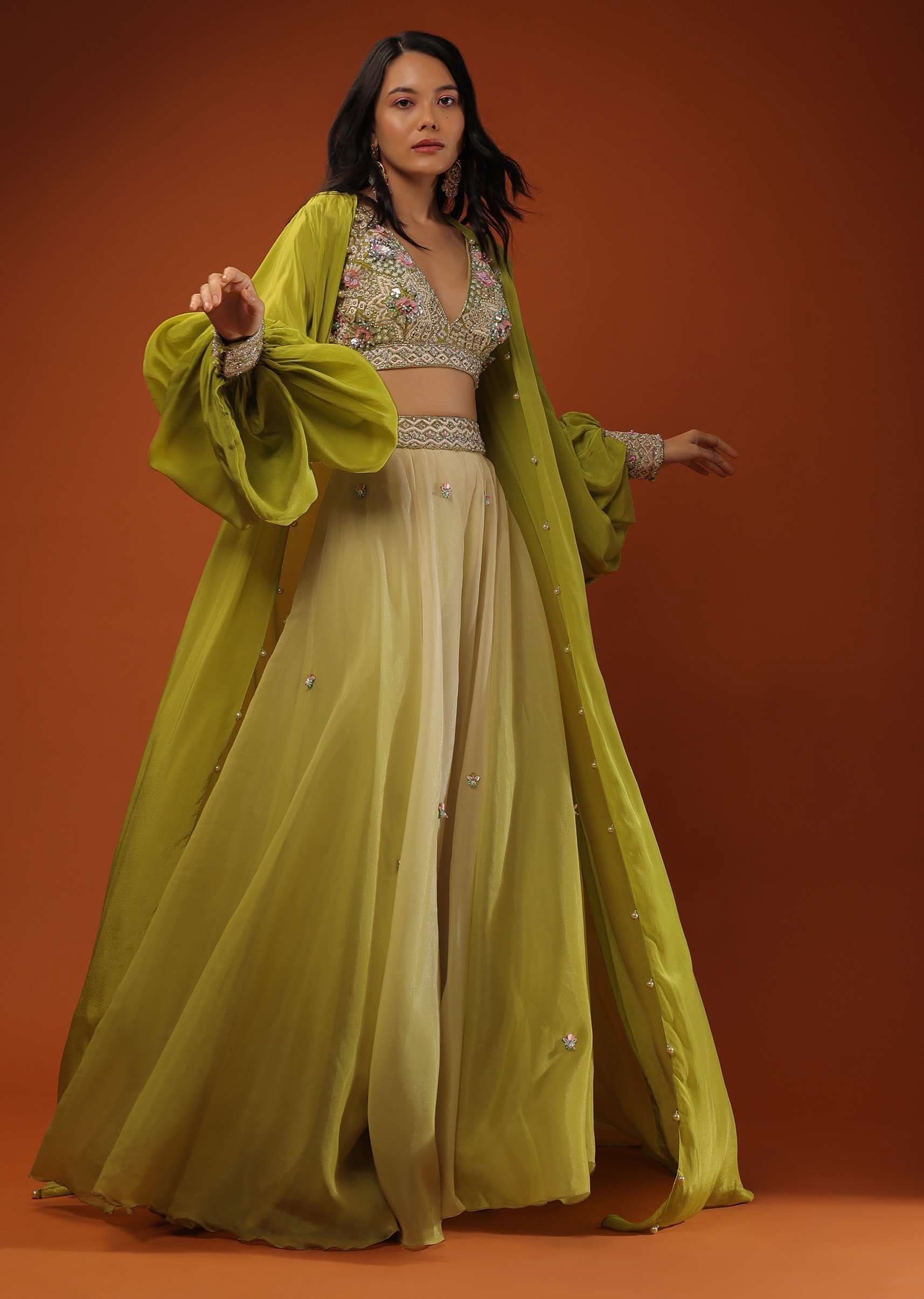 Citrus Green Palazzo Set With A Crop Top In Mirror Work Floral Embroidered Butttis - Image 3