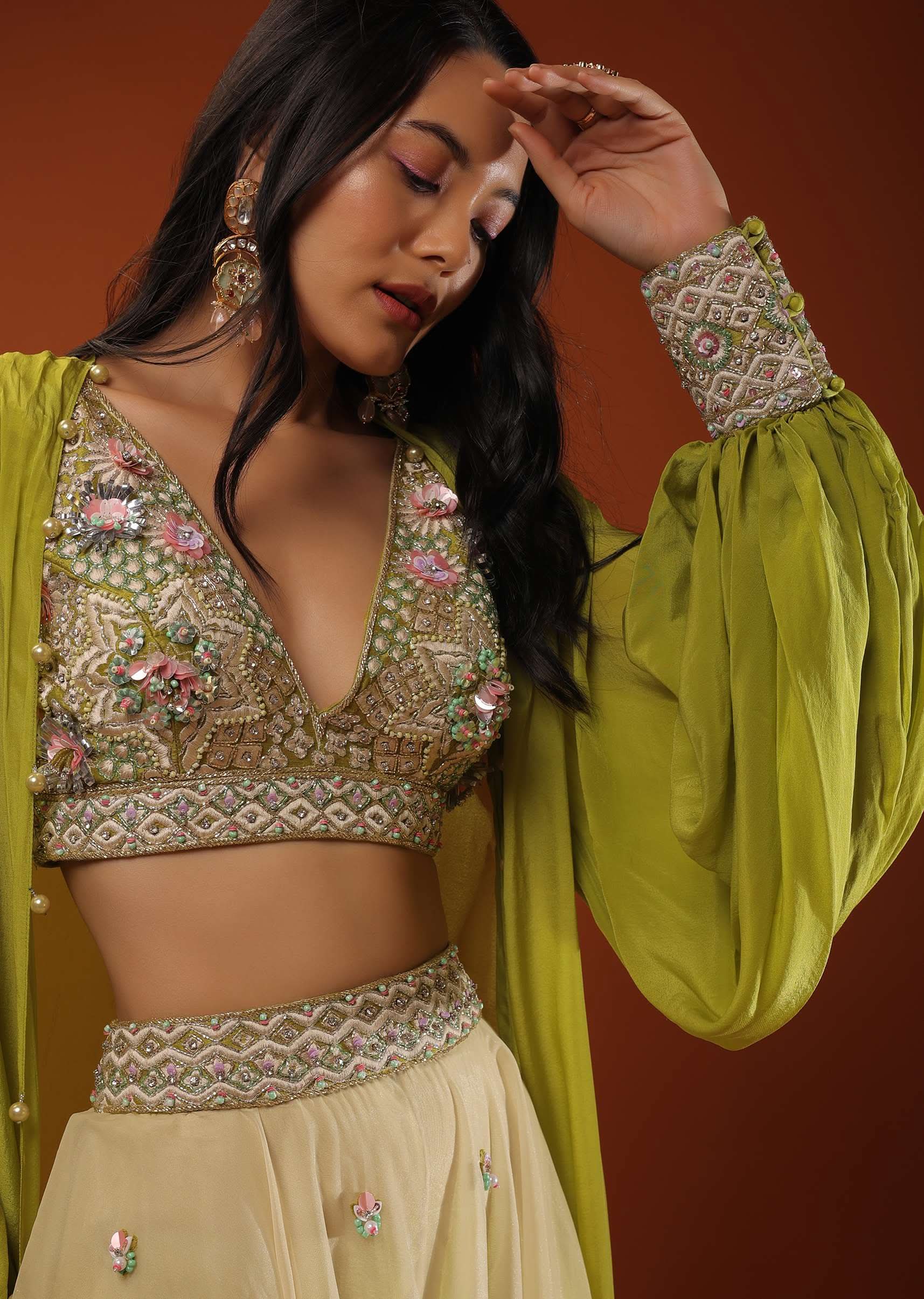 Citrus Green Palazzo Set With A Crop Top In Mirror Work Floral Embroidered Butttis - Image 4