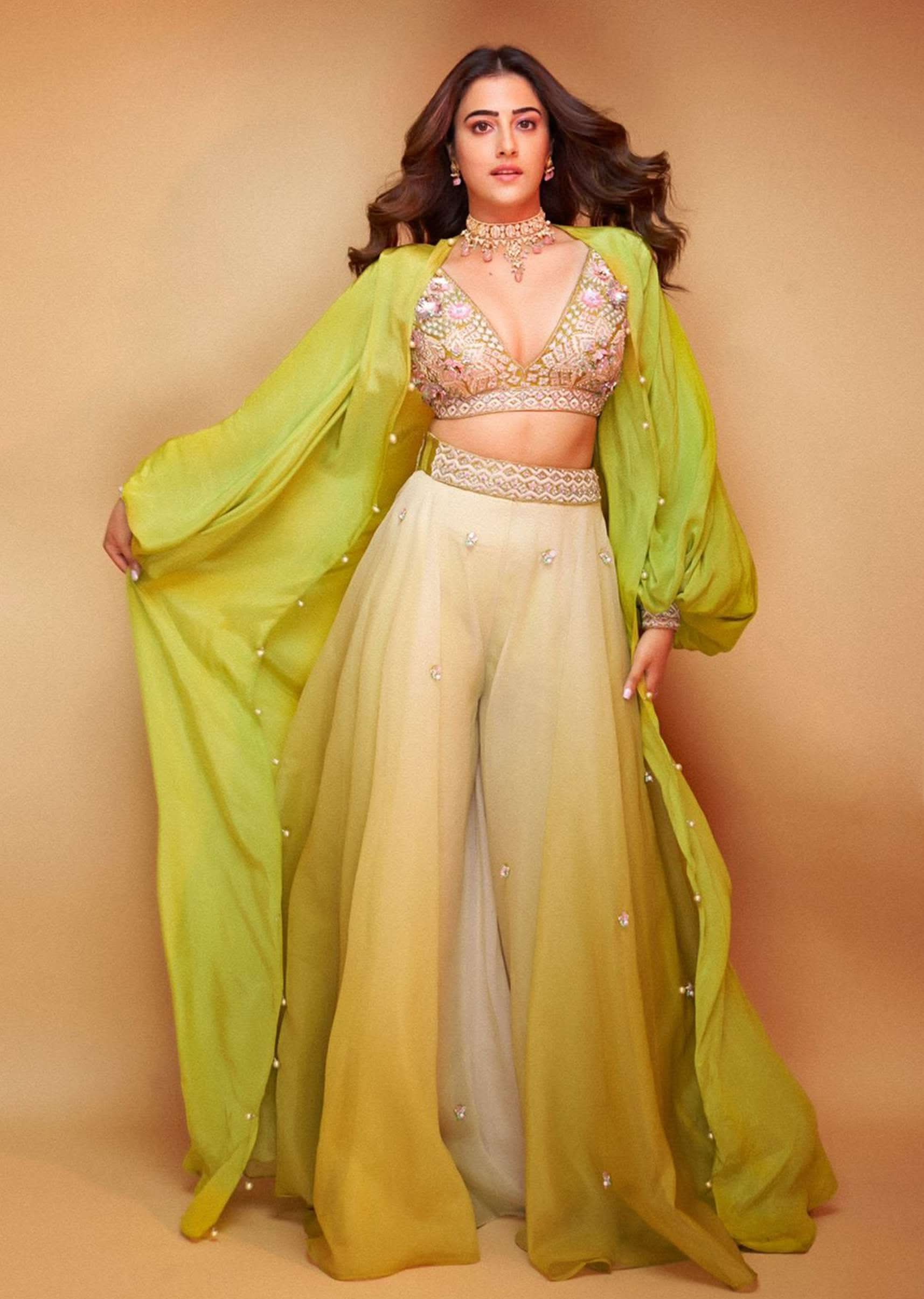 Citrus Green Palazzo Set With A Crop Top In Mirror Work Floral Embroidered Butttis - Image 7