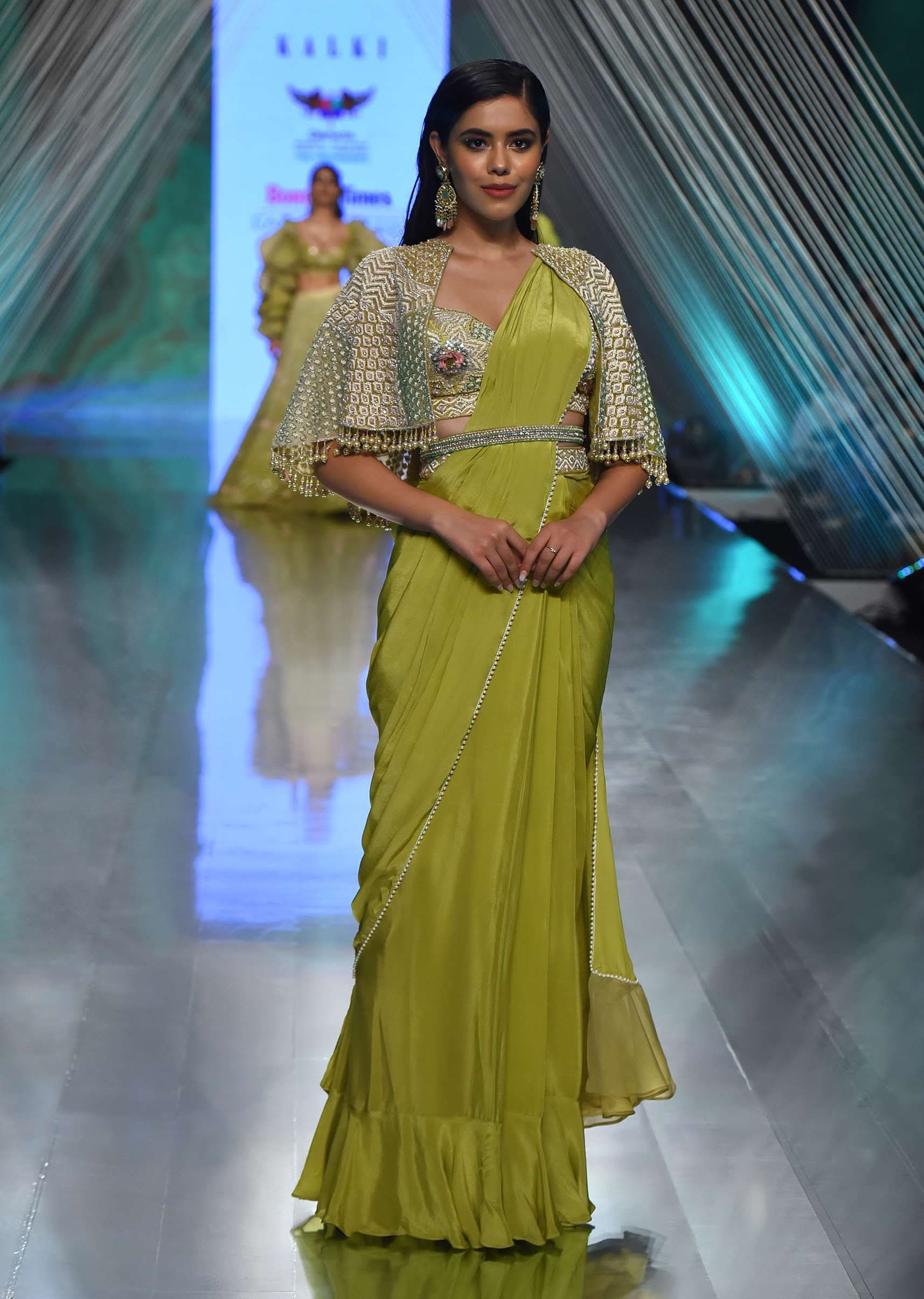 Citrus Green Palazzo Set With A Crop Top In Mirror Work Floral Embroidered Butttis - Image 2