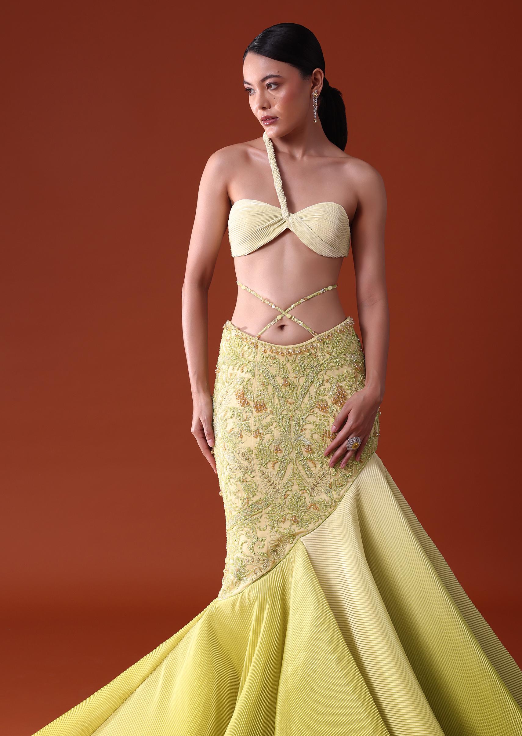 Citrus Green Pre Pleated Fish Cut Skirt And Choker Dupatta Set - Image 6