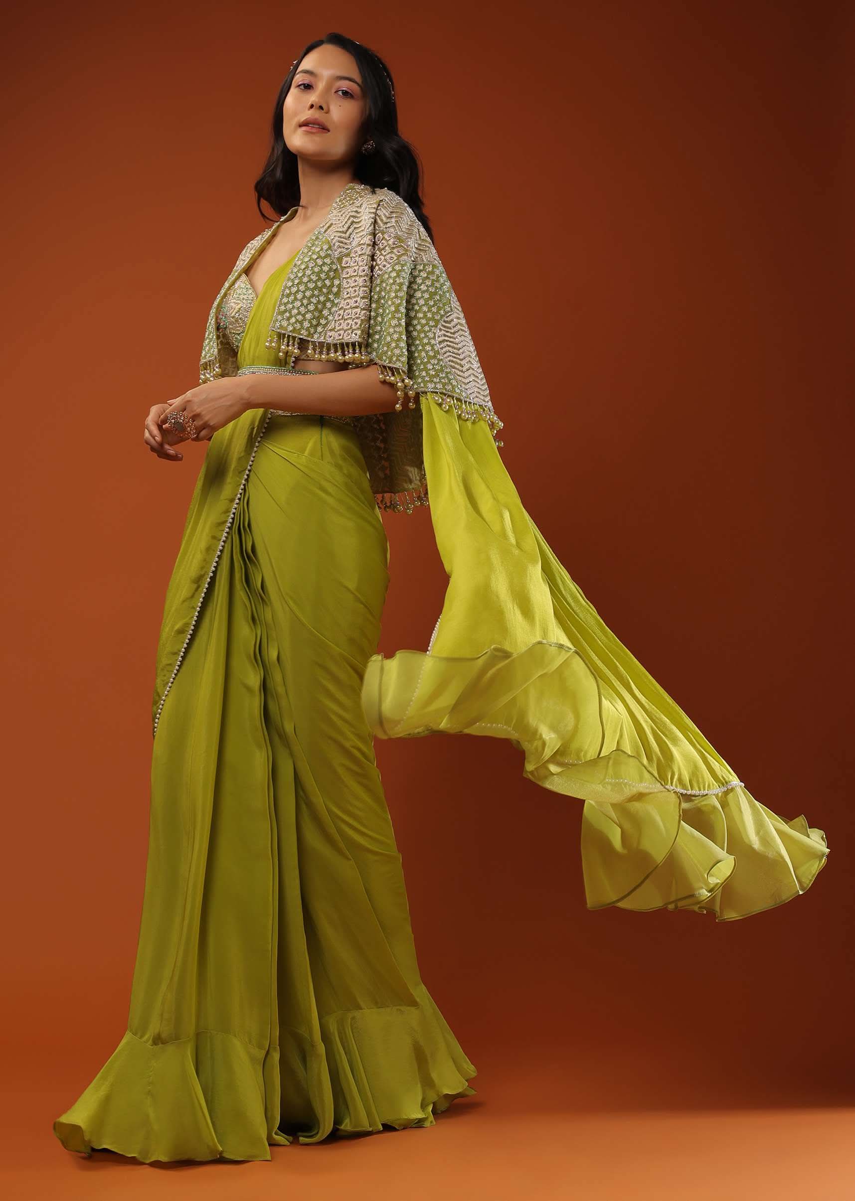 Citrus Green Pre Stitched Crepe Saree with Net Cape and V-Neck Crop Top - Image 3