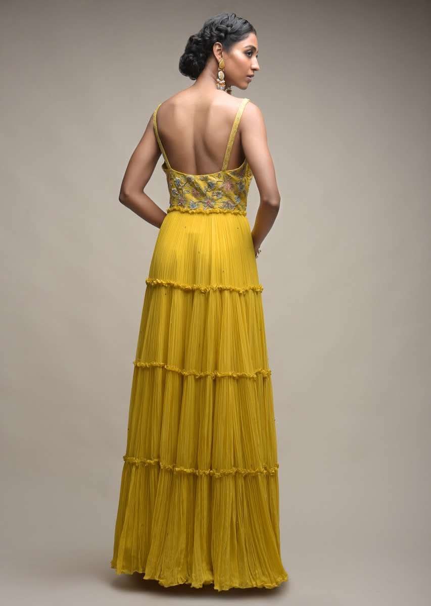 Citrus Indowestern Tiered suit In Georgette With Resham And Beads Embroidered Floral Pattern - Image 5