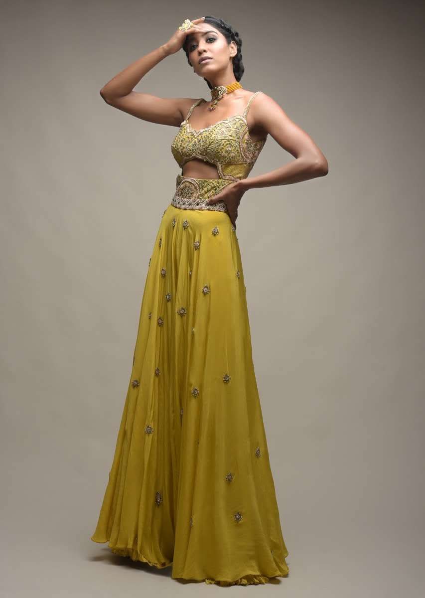 Citrus Jumpsuit In Crepe With Front Cut Out And Zardozi Embroidered Floral Jaal