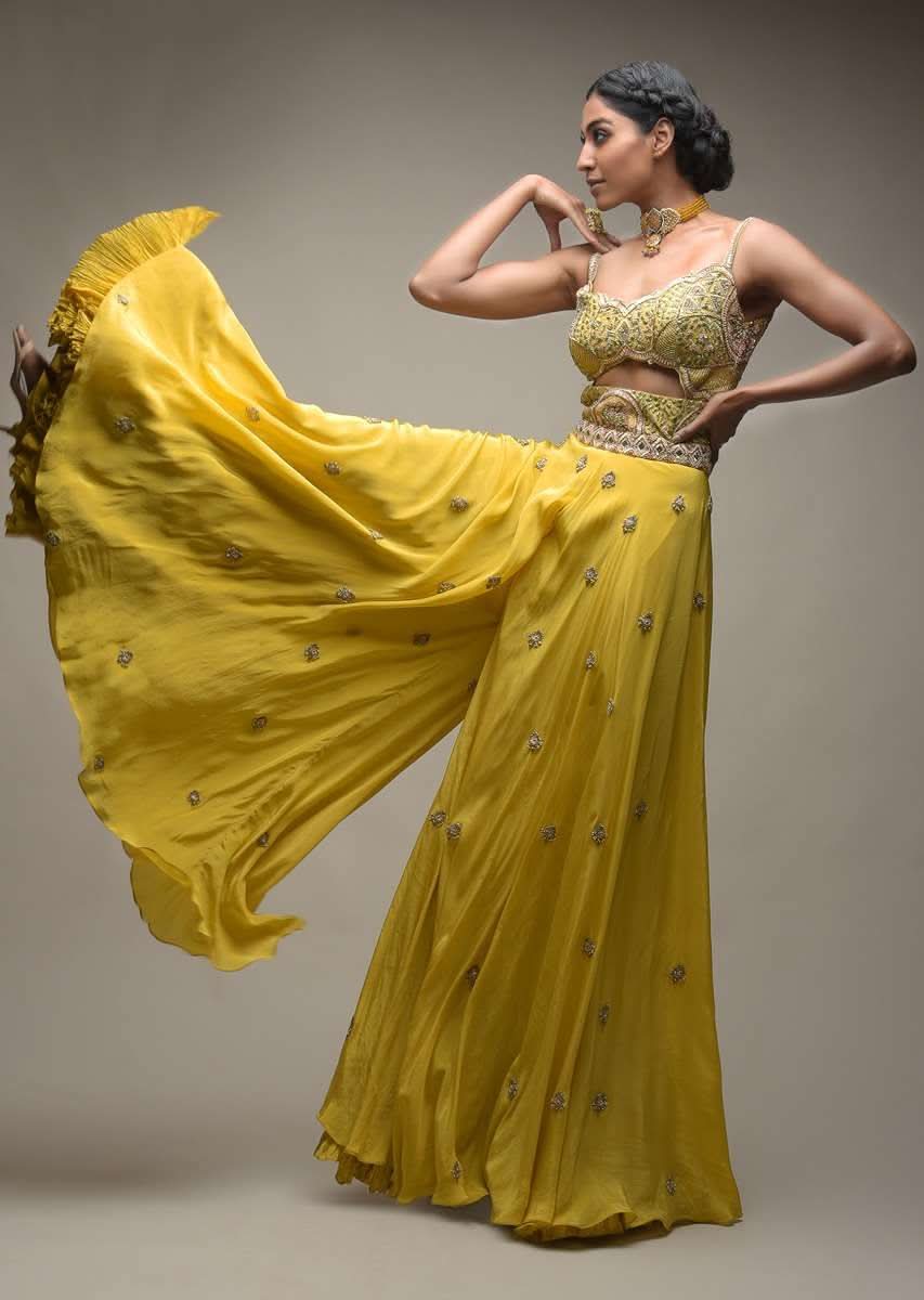 Citrus Jumpsuit In Crepe With Front Cut Out And Zardozi Embroidered Floral Jaal - Image 2