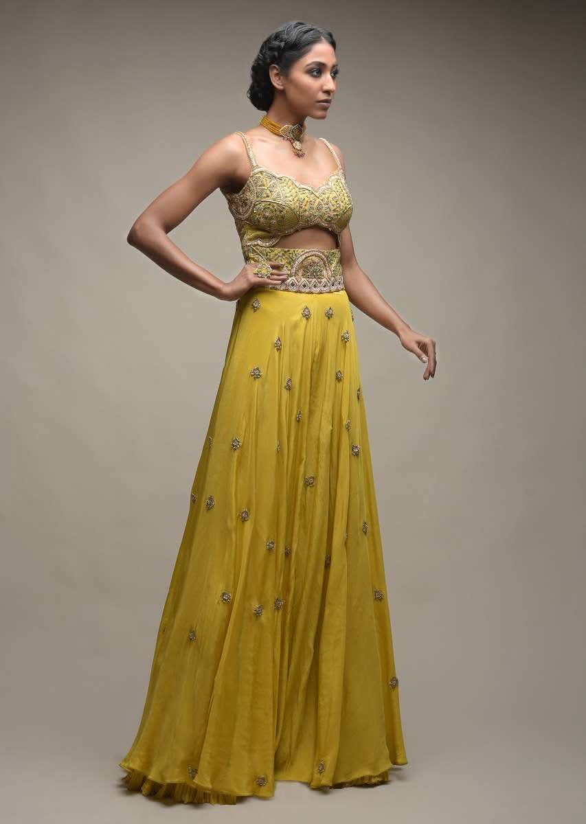 Citrus Jumpsuit In Crepe With Front Cut Out And Zardozi Embroidered Floral Jaal - Image 3