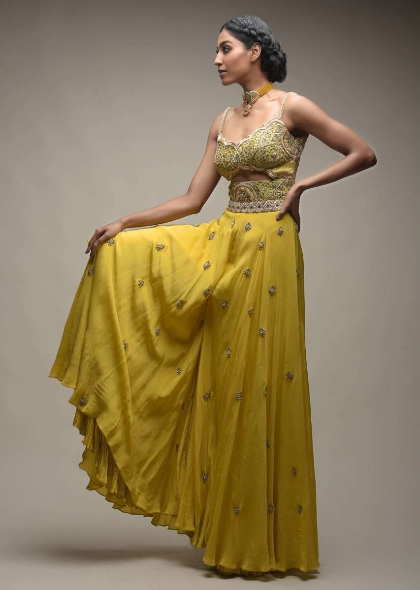 Citrus Jumpsuit In Crepe With Front Cut Out And Zardozi Embroidered Floral Jaal - Image 4