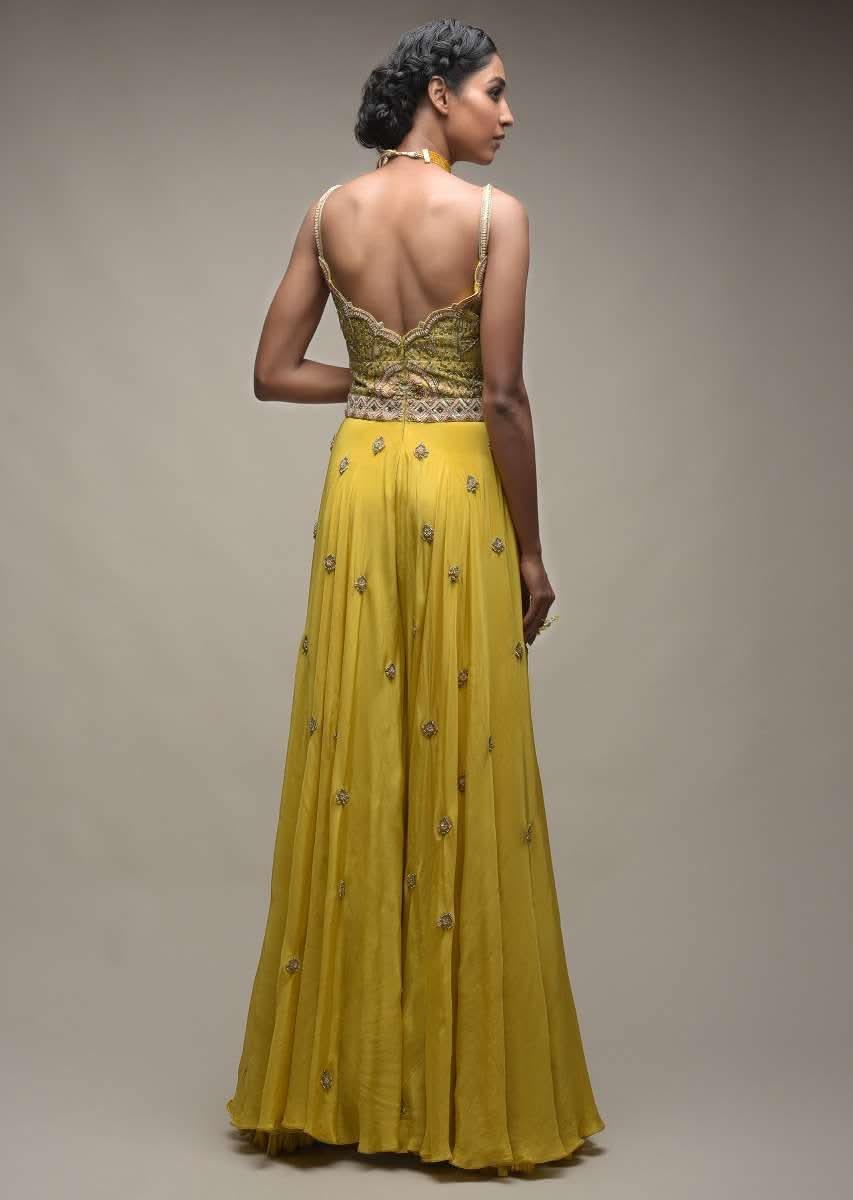 Citrus Jumpsuit In Crepe With Front Cut Out And Zardozi Embroidered Floral Jaal - Image 5