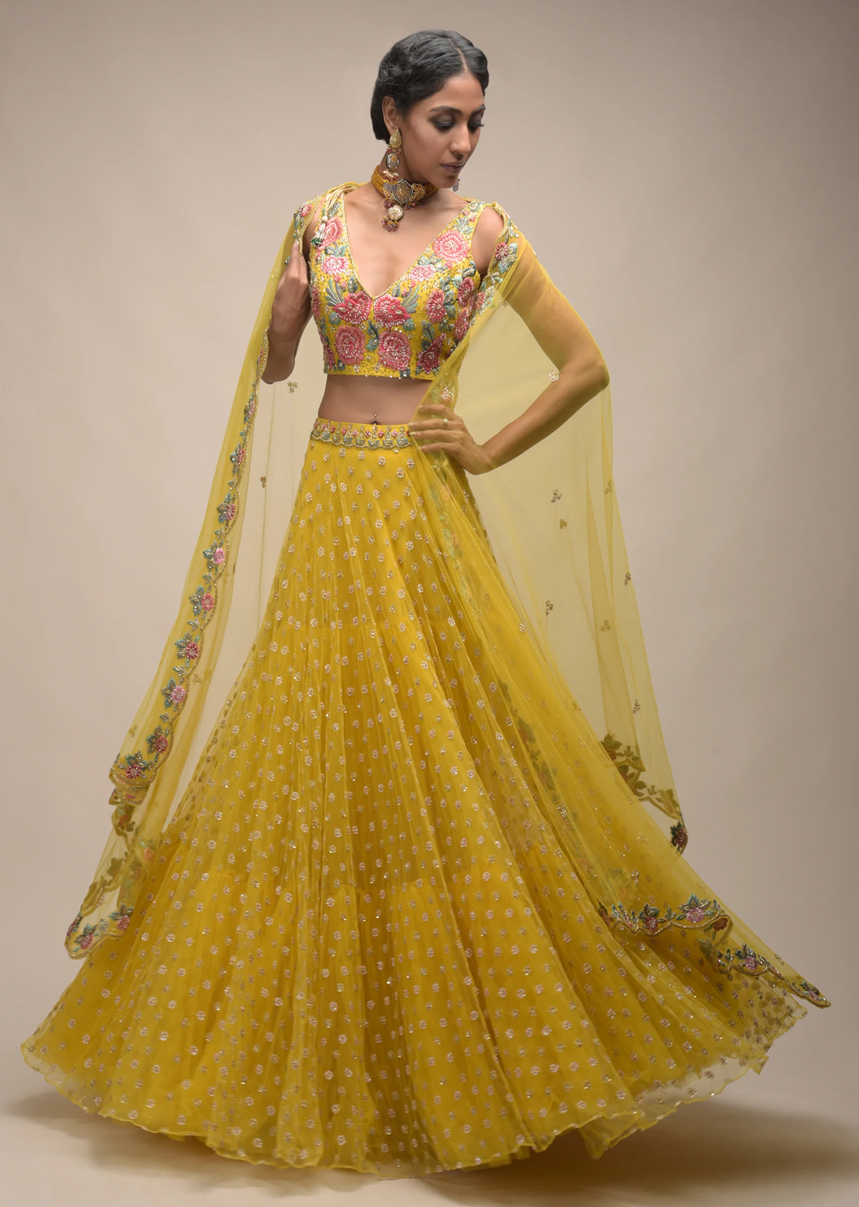 Citrus Lehenga And Crop Top With Resham Embroidered Spring Blossoms - Image 5