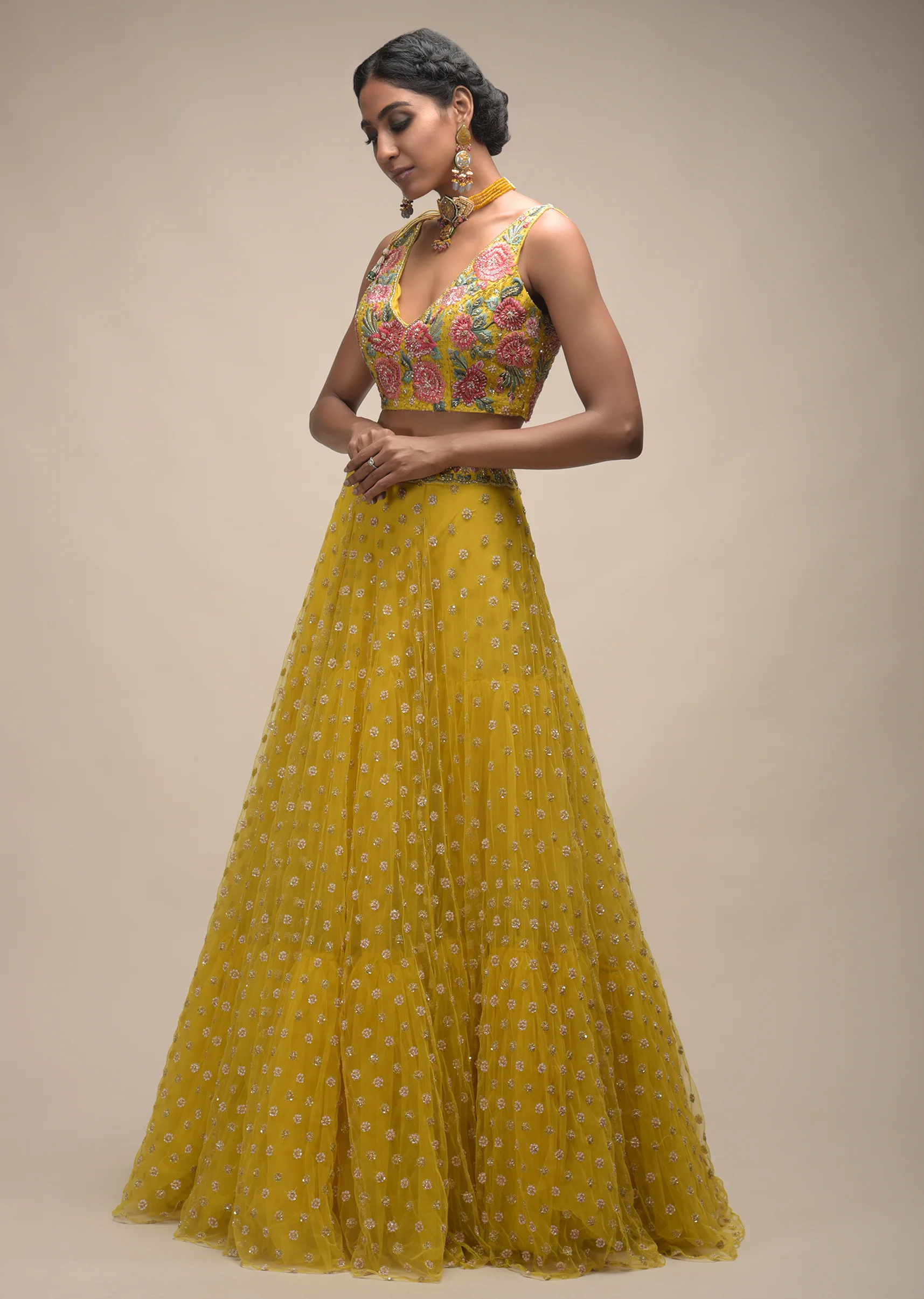 Citrus Lehenga And Crop Top With Resham Embroidered Spring Blossoms - Image 6