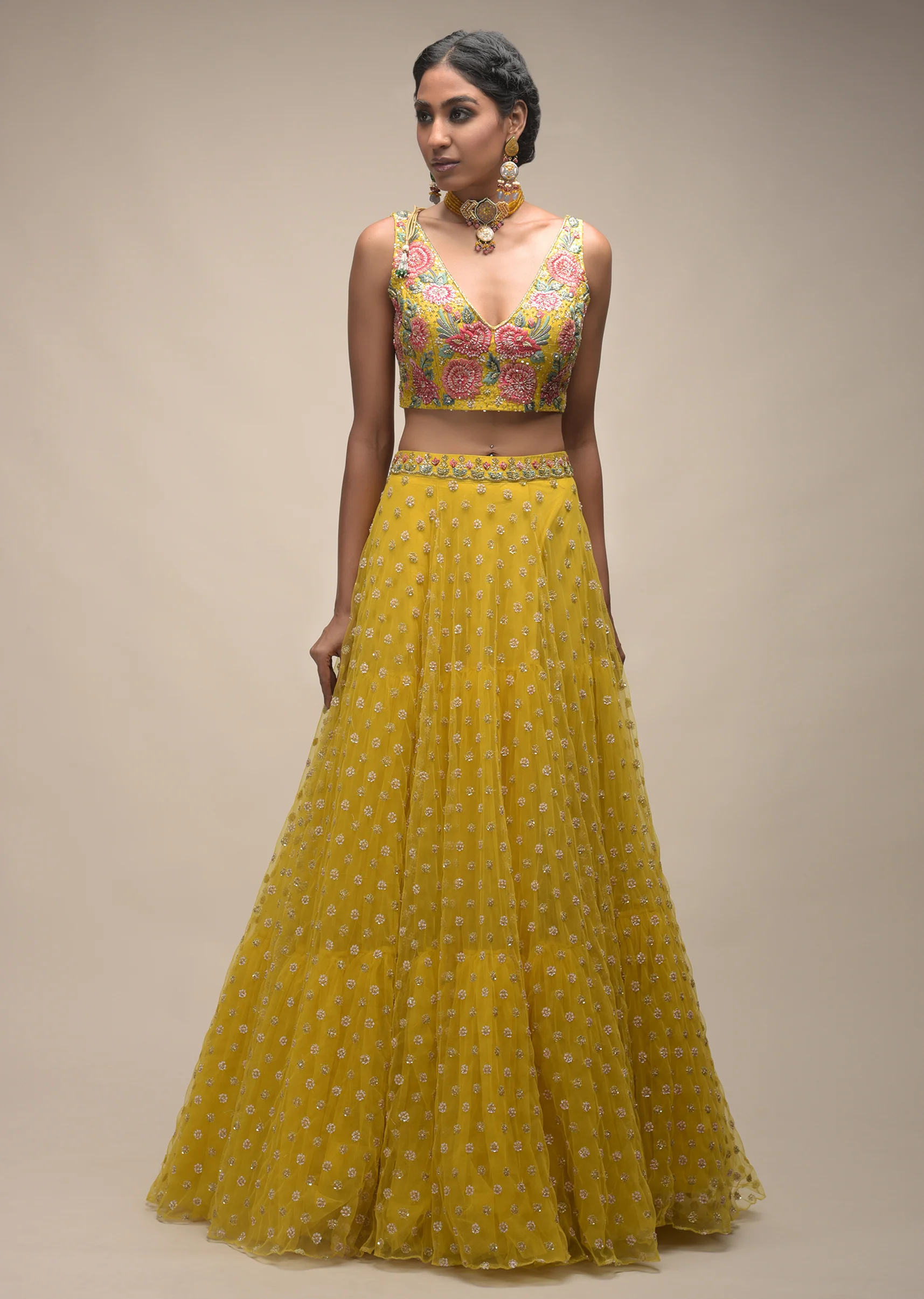 Citrus Lehenga And Crop Top With Resham Embroidered Spring Blossoms - Image 7