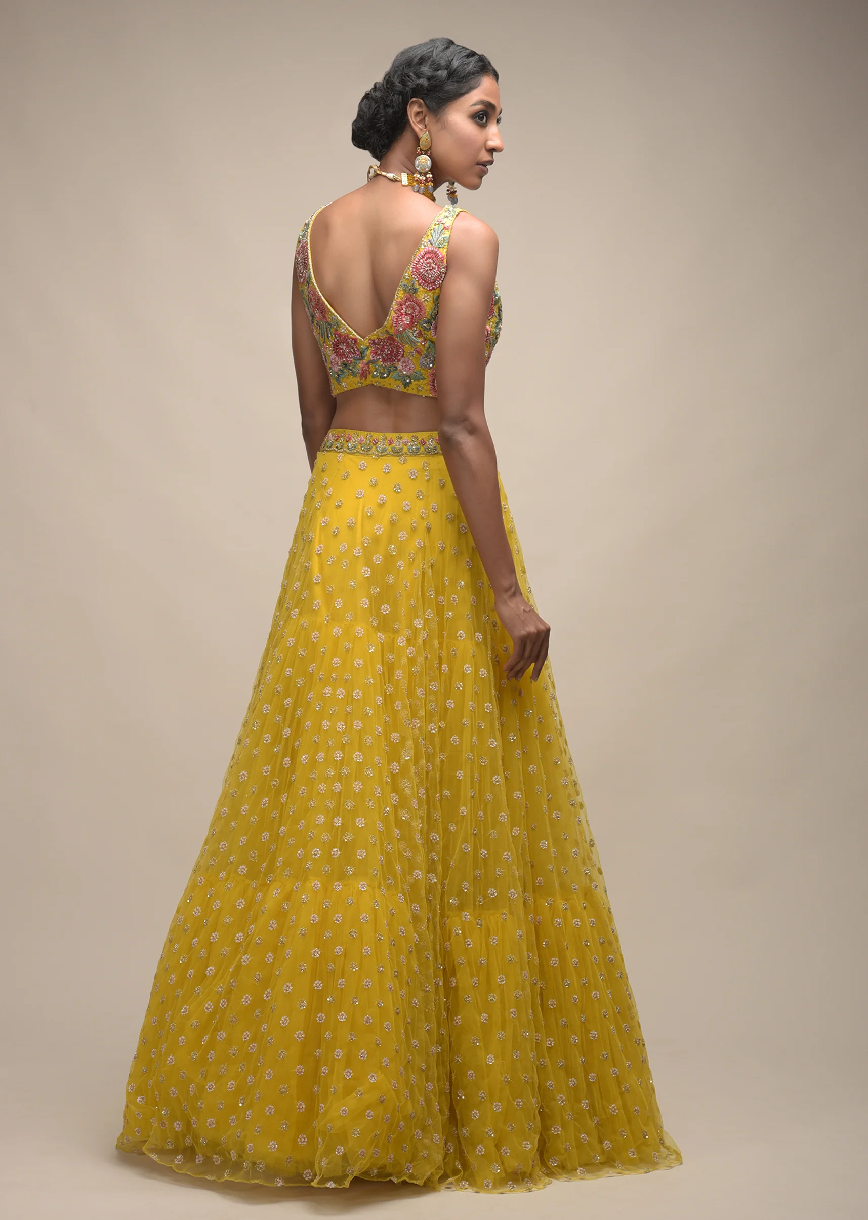 Citrus Lehenga And Crop Top With Resham Embroidered Spring Blossoms - Image 8