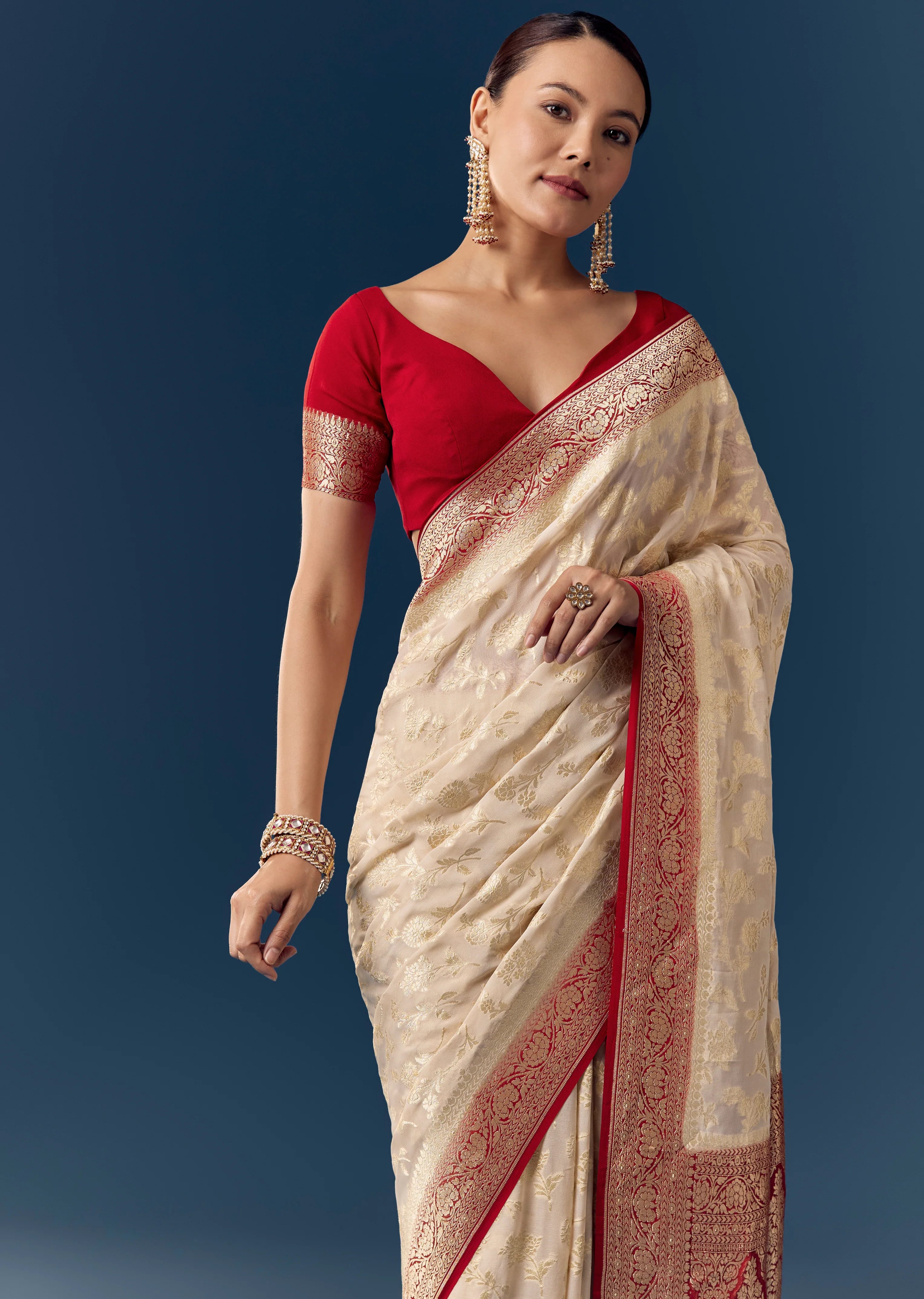 Classic Contrast Ceremony Couple Set – Off-White Khaddi Georgette Saree with Red Border for Her And Red Kurta Set for Him - Image 4