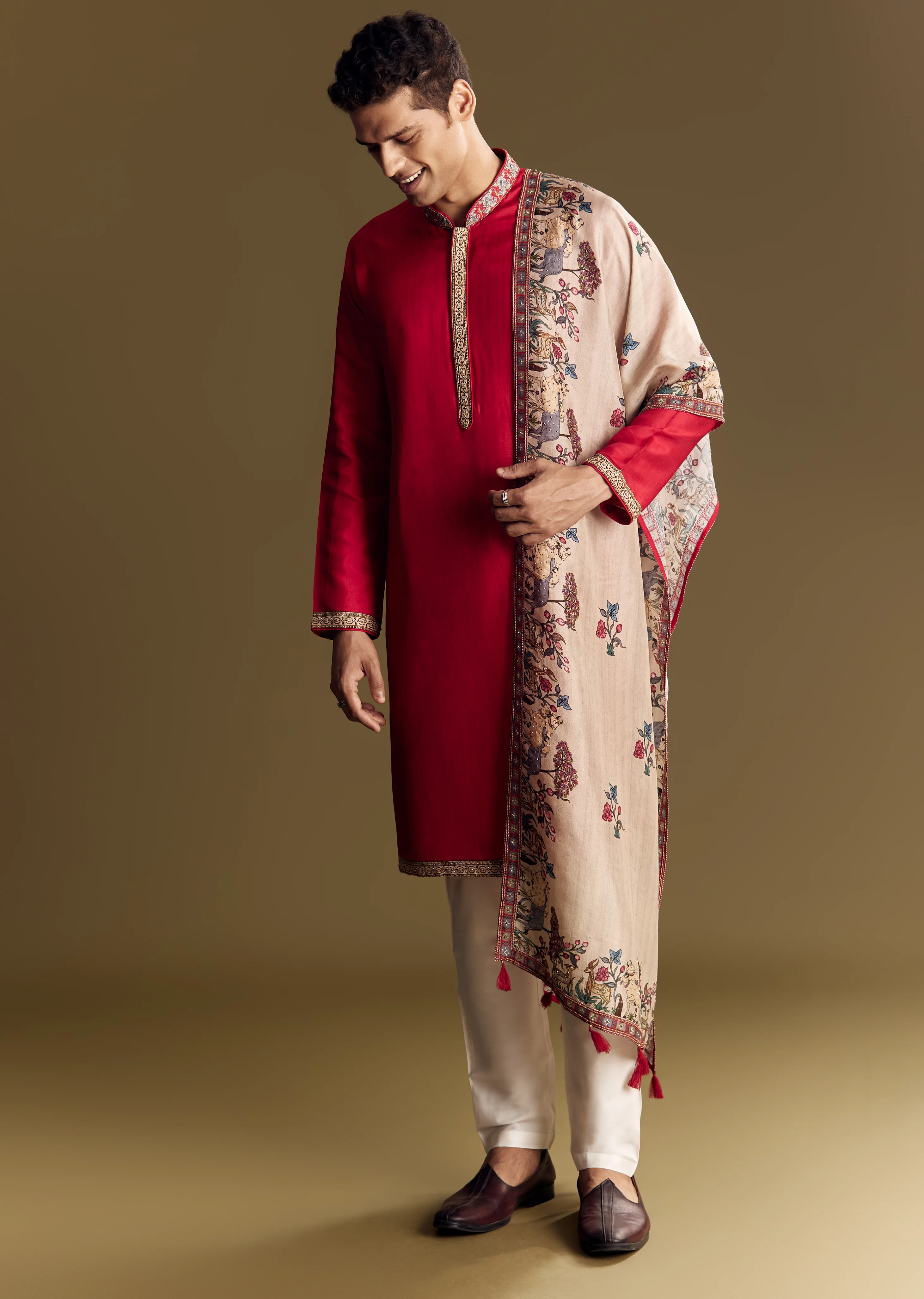 Classic Contrast Ceremony Couple Set – Off-White Khaddi Georgette Saree with Red Border for Her And Red Kurta Set for Him - Image 9