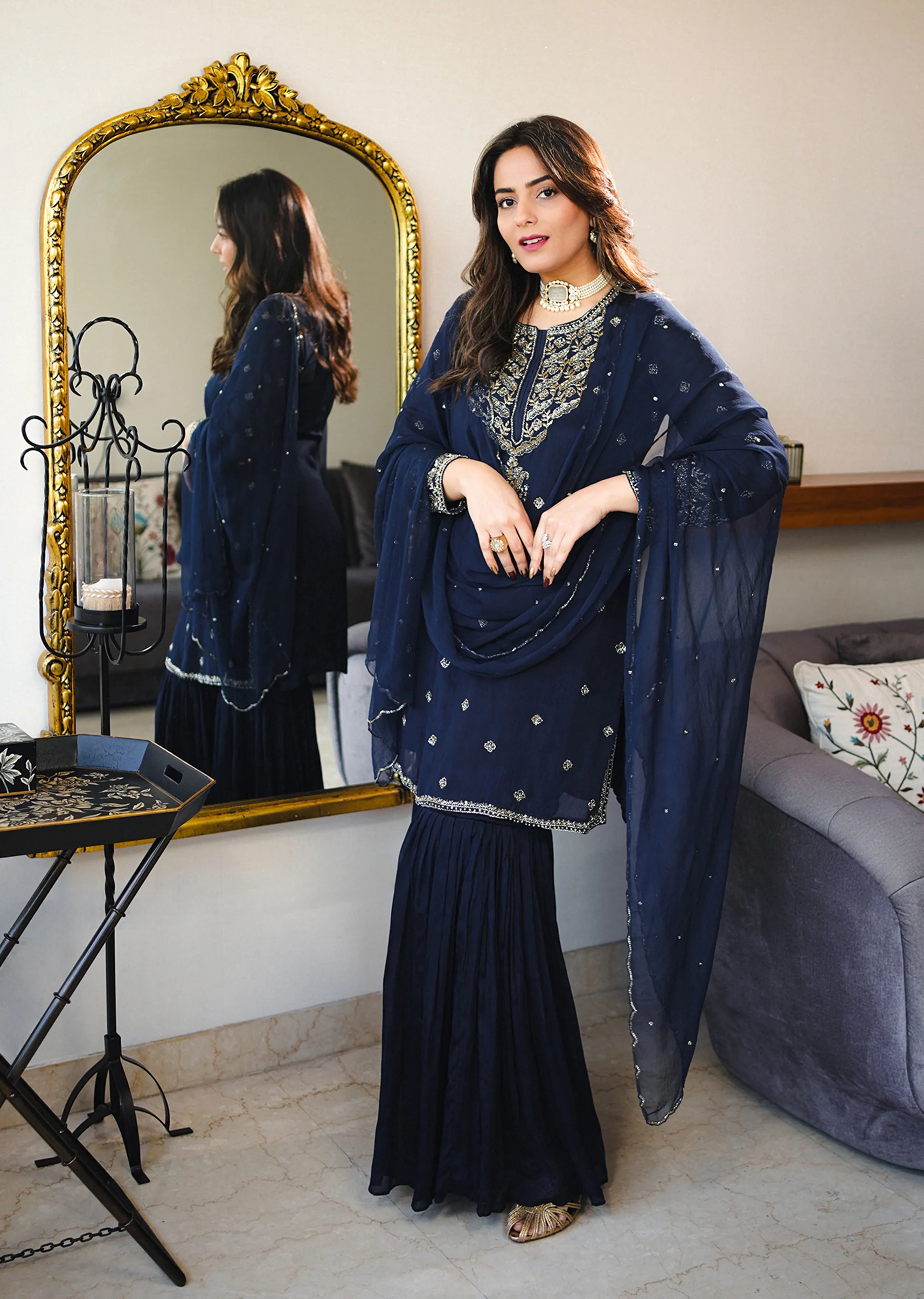 Classic Navy Evening Couple Set – Navy Blue Chinon Sharara Suit with Cutdana and Sequin Embroidery for Her And Navy Blue Classic Kurta Set for Him - Image 3