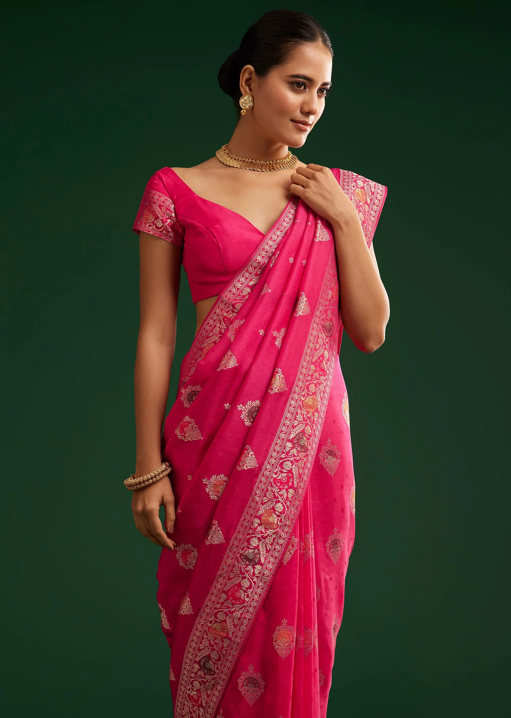 Classic Rani Pink Dola Silk Saree With Zari Detailing - Image 5