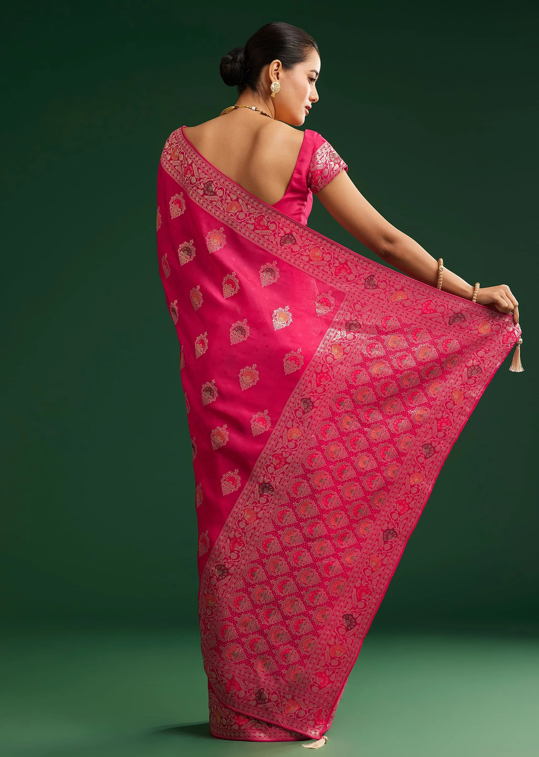 Classic Rani Pink Dola Silk Saree With Zari Detailing - Image 6