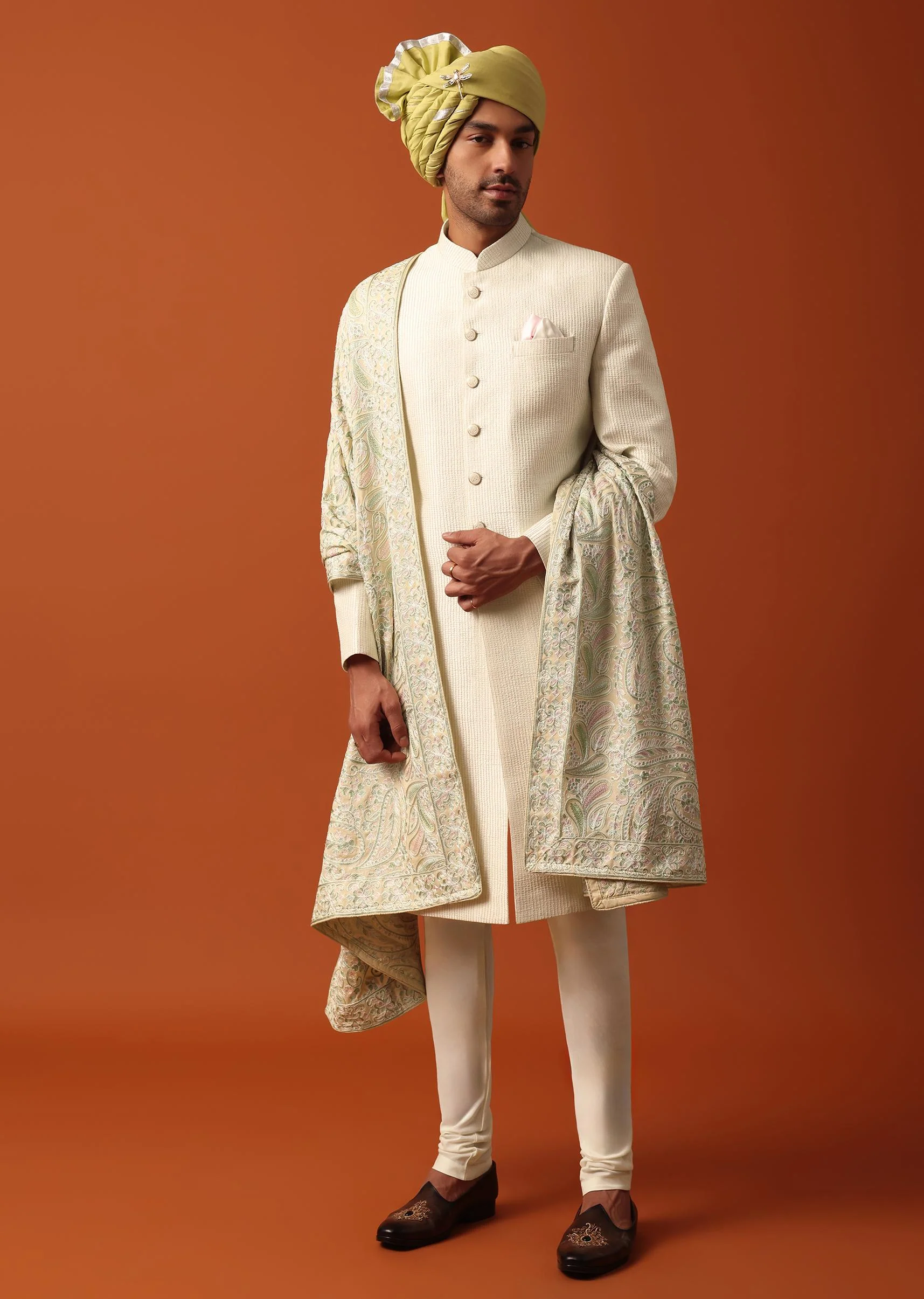Classic White Neckline Embroidered Sherwani With Pashmina Dupatta - Image 2