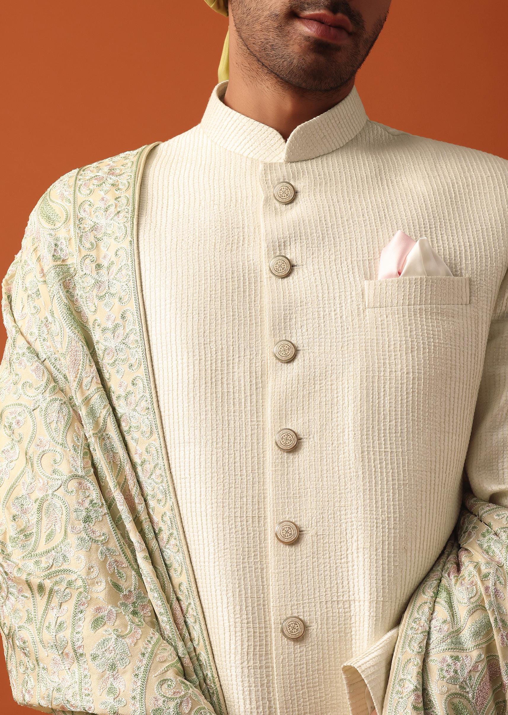 Classic White Neckline Embroidered Sherwani With Pashmina Dupatta - Image 3