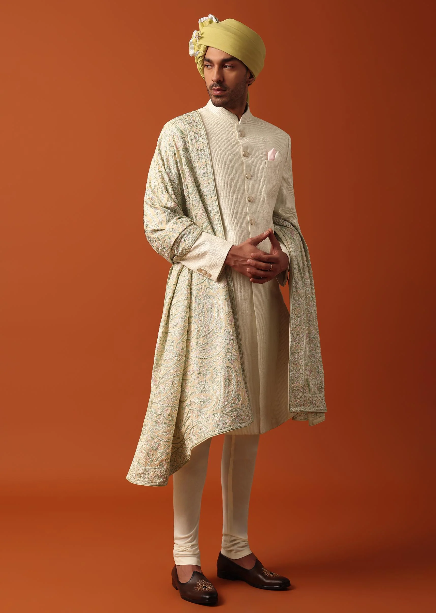 Classic White Neckline Embroidered Sherwani With Pashmina Dupatta - Image 4