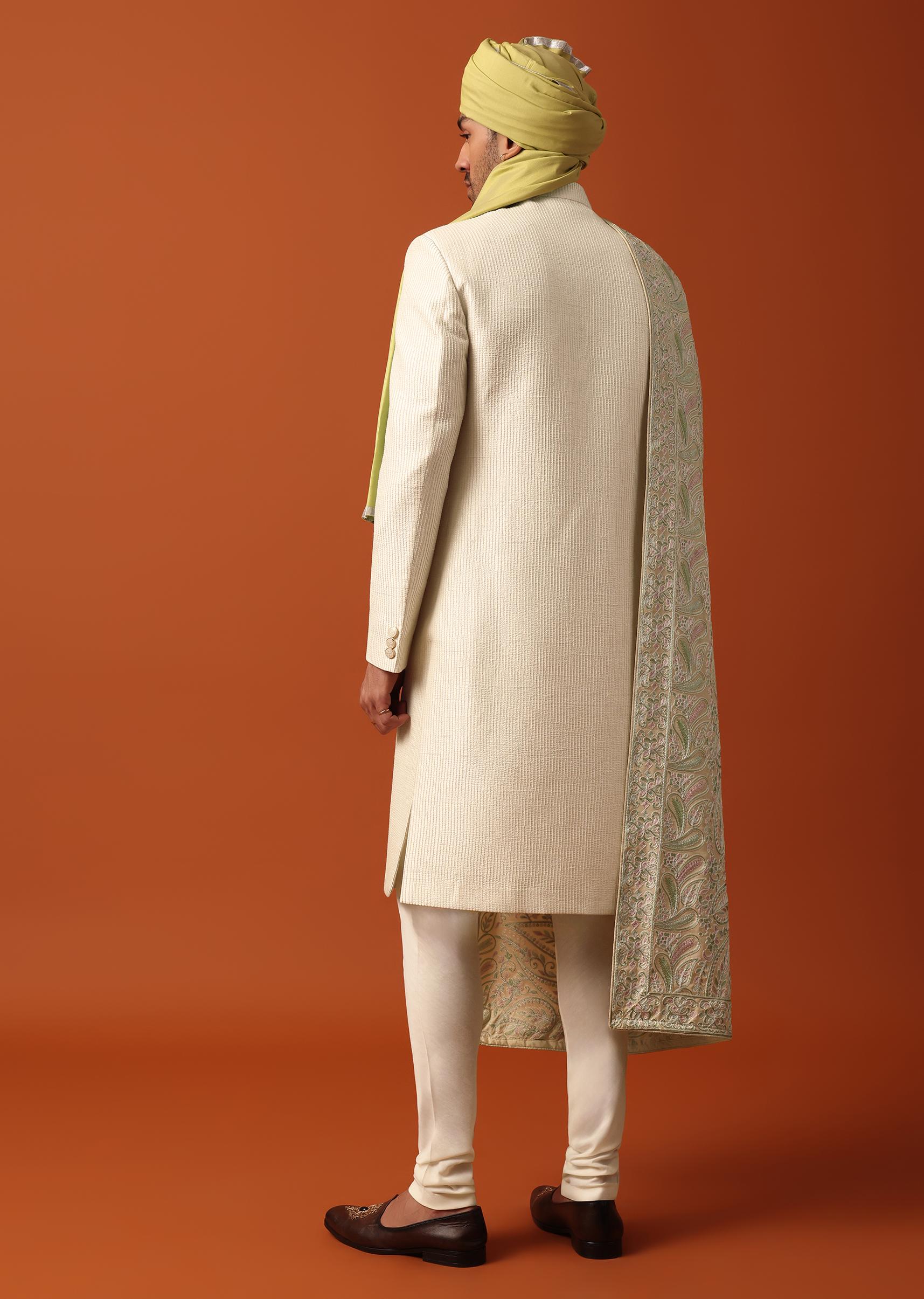 Classic White Neckline Embroidered Sherwani With Pashmina Dupatta - Image 5