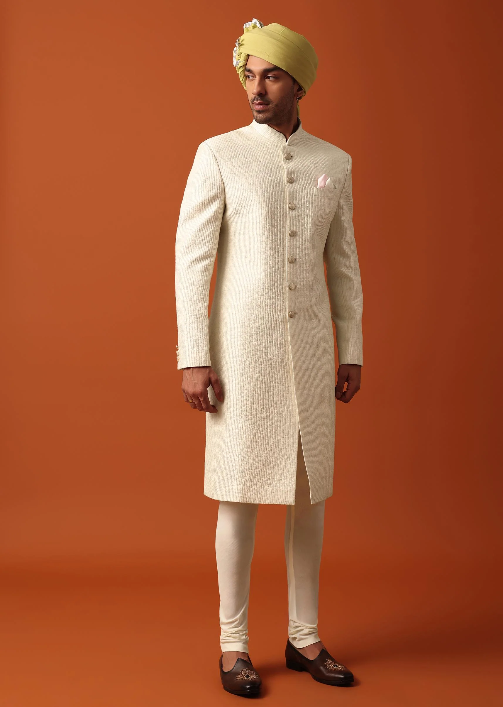 Classic White Neckline Embroidered Sherwani With Pashmina Dupatta - Image 6