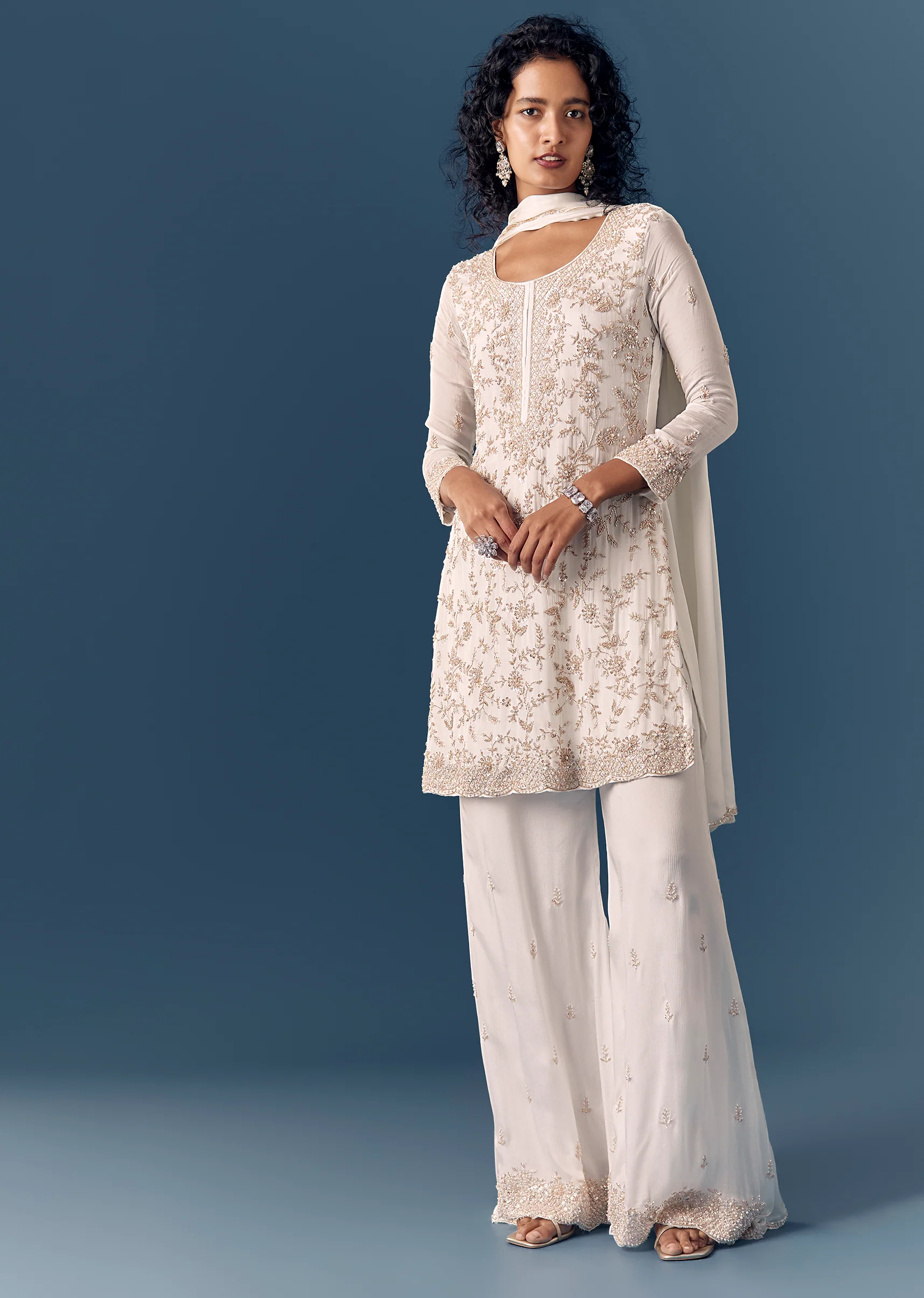 Classic White Twin Style – Cut Dana Kurta Palazzo Set For Her And White Linen Embroidered Kurta Set For Him - Image 2