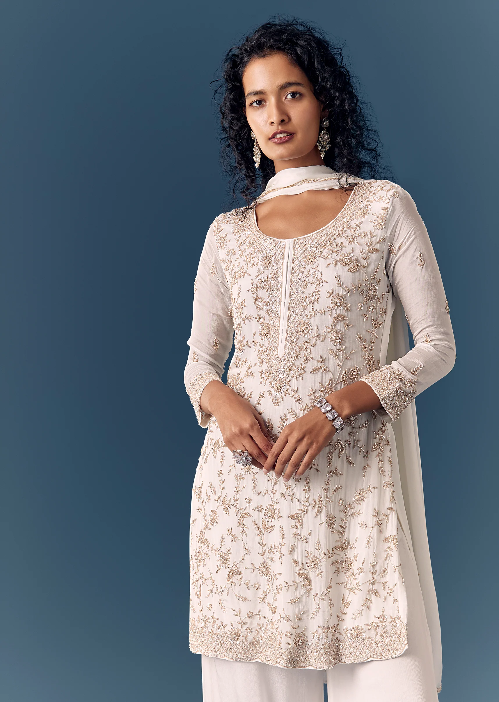 Classic White Twin Style – Cut Dana Kurta Palazzo Set For Her And White Linen Embroidered Kurta Set For Him - Image 4