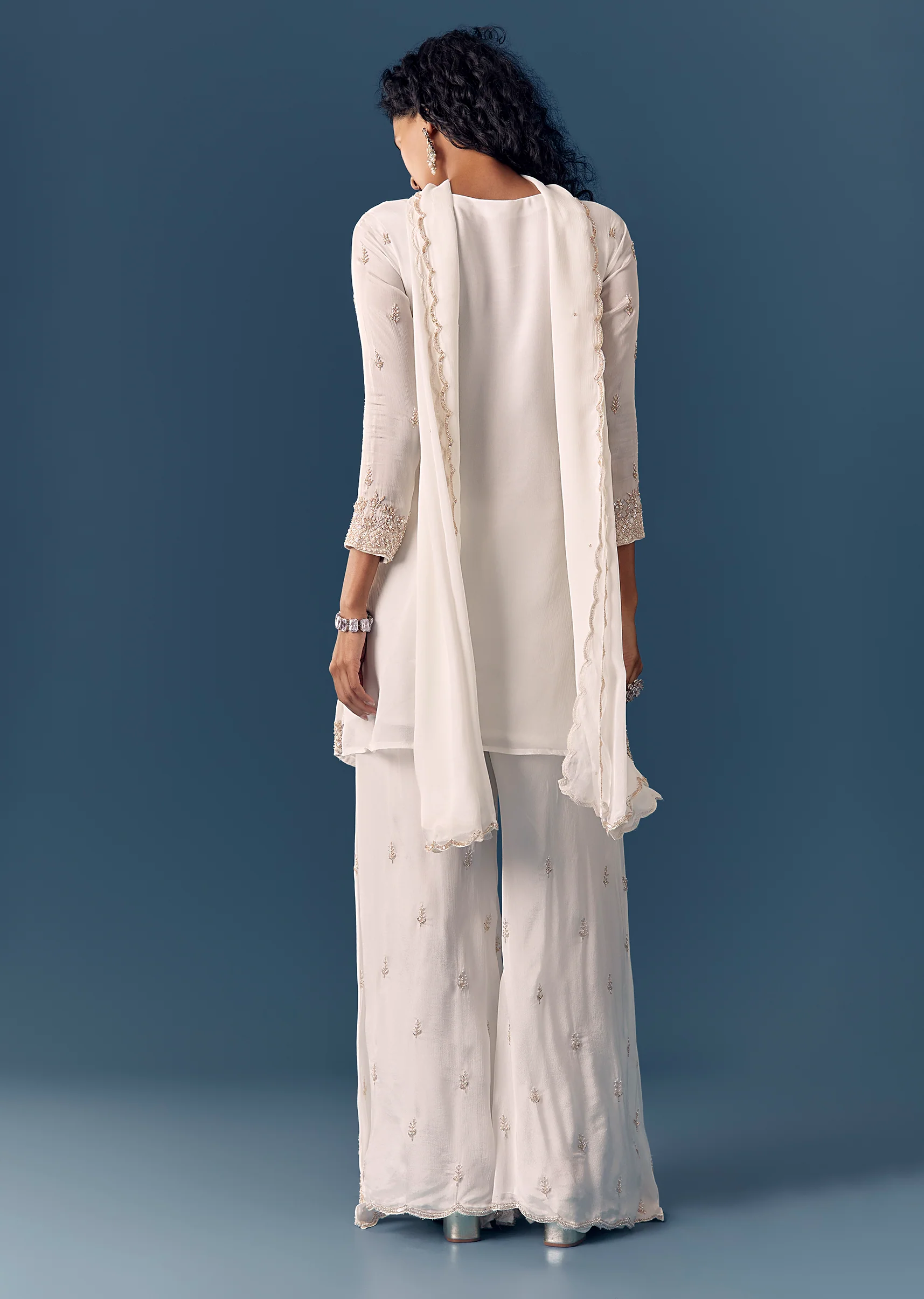 Classic White Twin Style – Cut Dana Kurta Palazzo Set For Her And White Linen Embroidered Kurta Set For Him - Image 5
