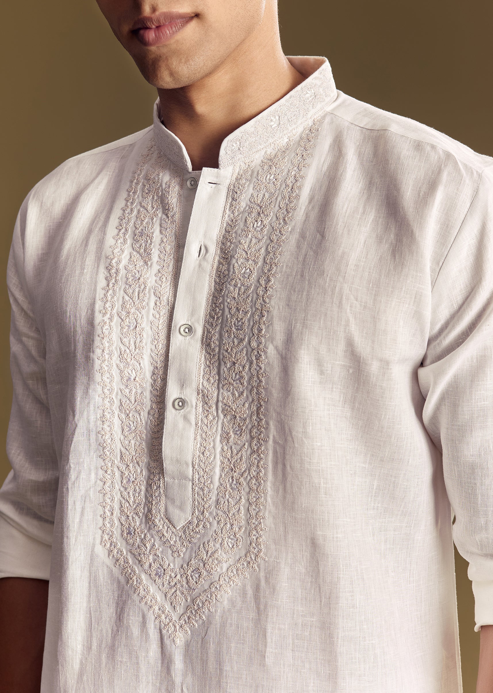 Classic White Twin Style – Cut Dana Kurta Palazzo Set For Her And White Linen Embroidered Kurta Set For Him - Image 7