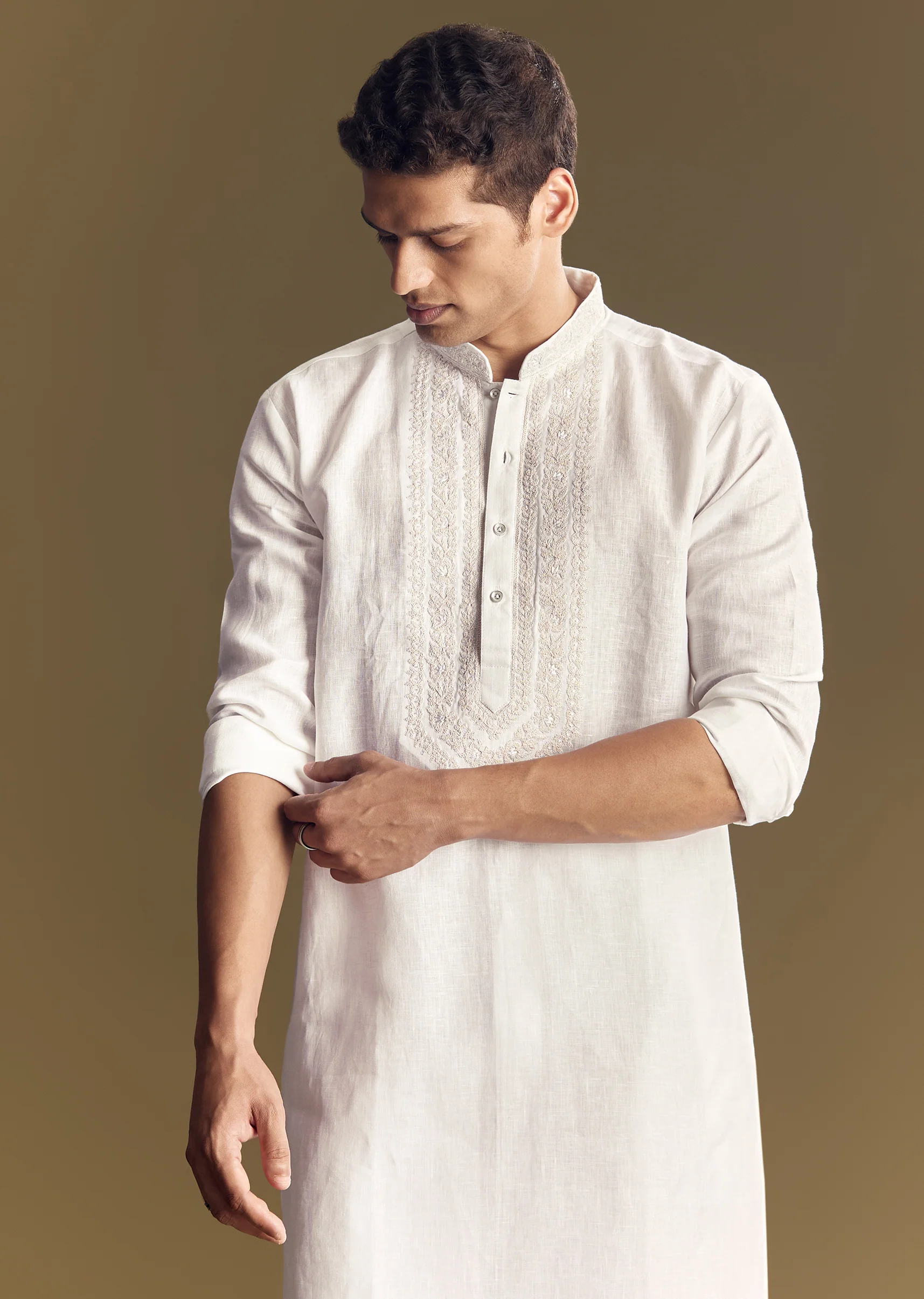 Classic White Twin Style – Cut Dana Kurta Palazzo Set For Her And White Linen Embroidered Kurta Set For Him - Image 9