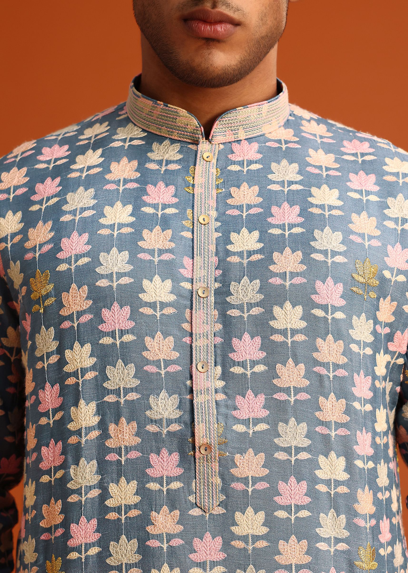 Cobalt Blue Printed Silk Kurta And Pant Set - Image 2