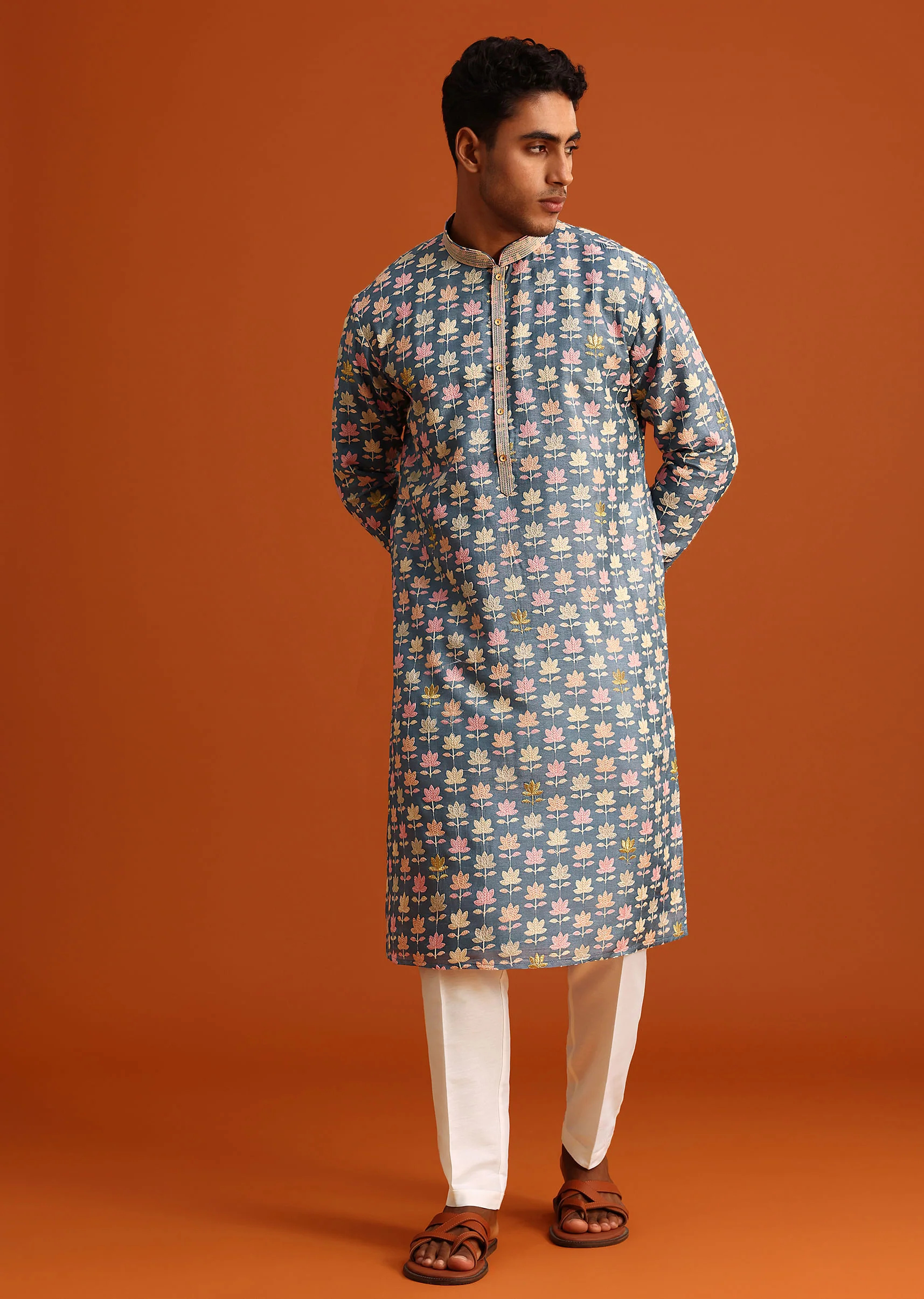 Cobalt Blue Printed Silk Kurta And Pant Set - Image 3