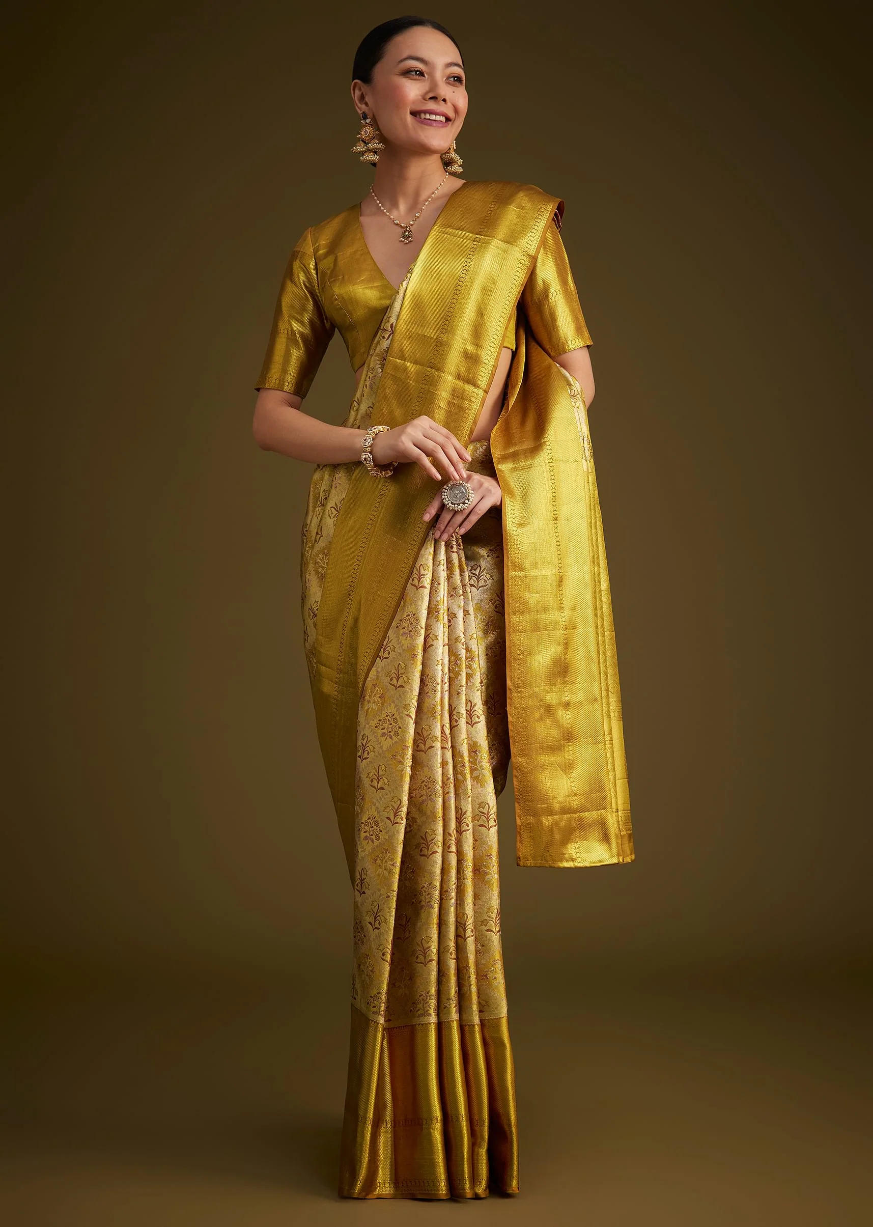 Coffee Beige Kanjivaram Silk Saree With Golden Zari Border - Image 6