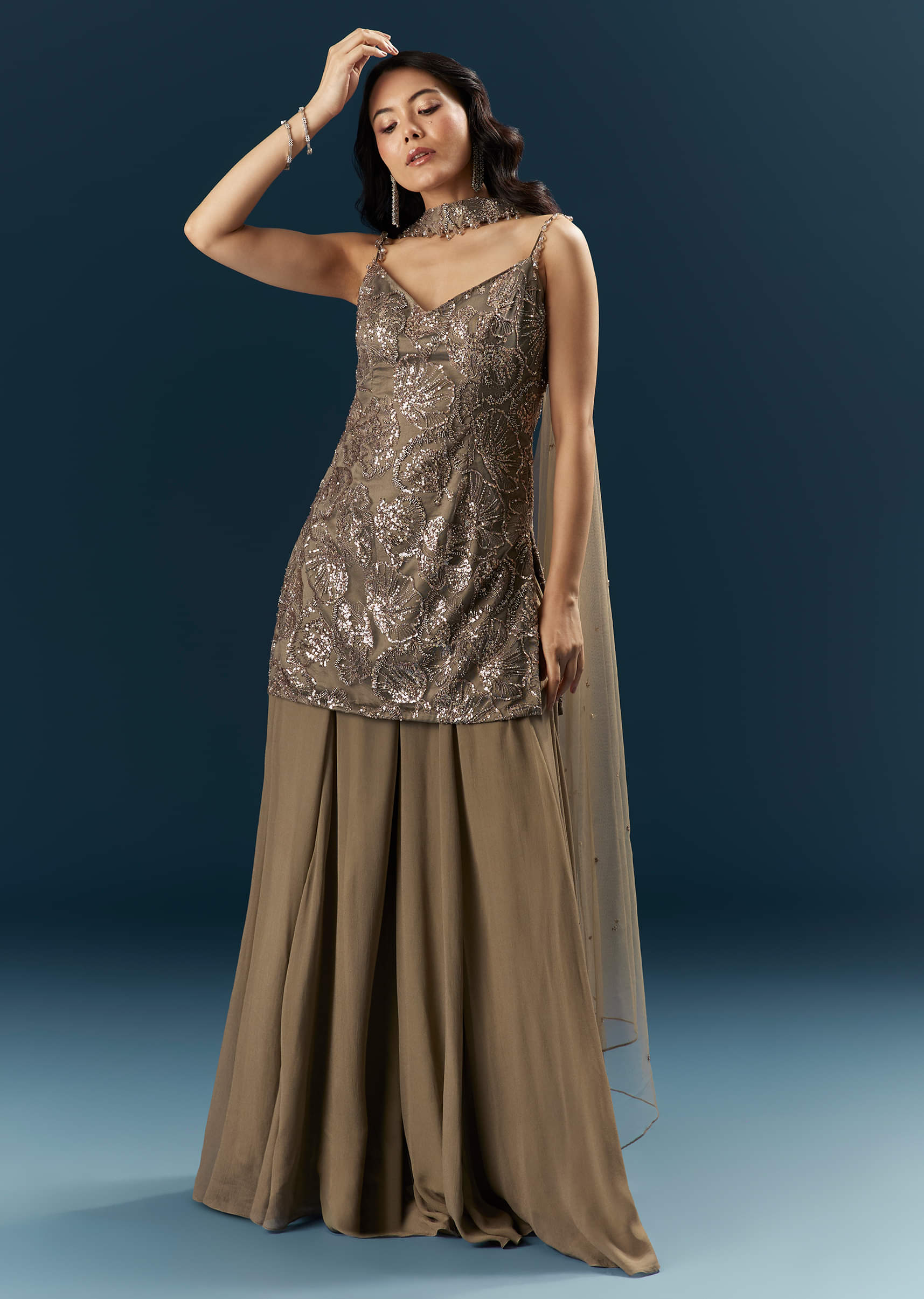 Coffee Brown Imported Georgette Sharara Suit With Heavy Embroidery - Image 4