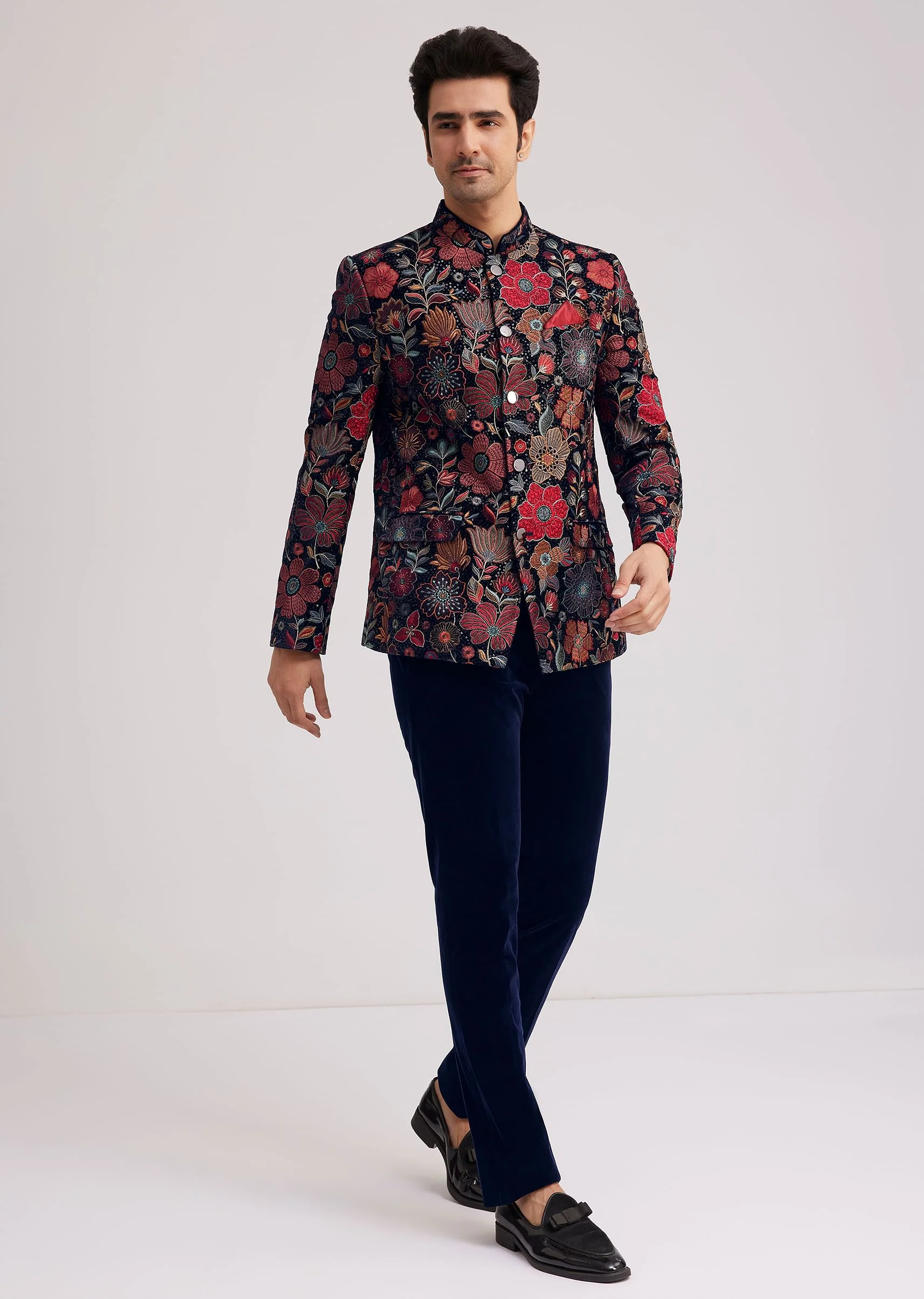 Multi Velvet Jodhpuri Set With Floral Embroidery