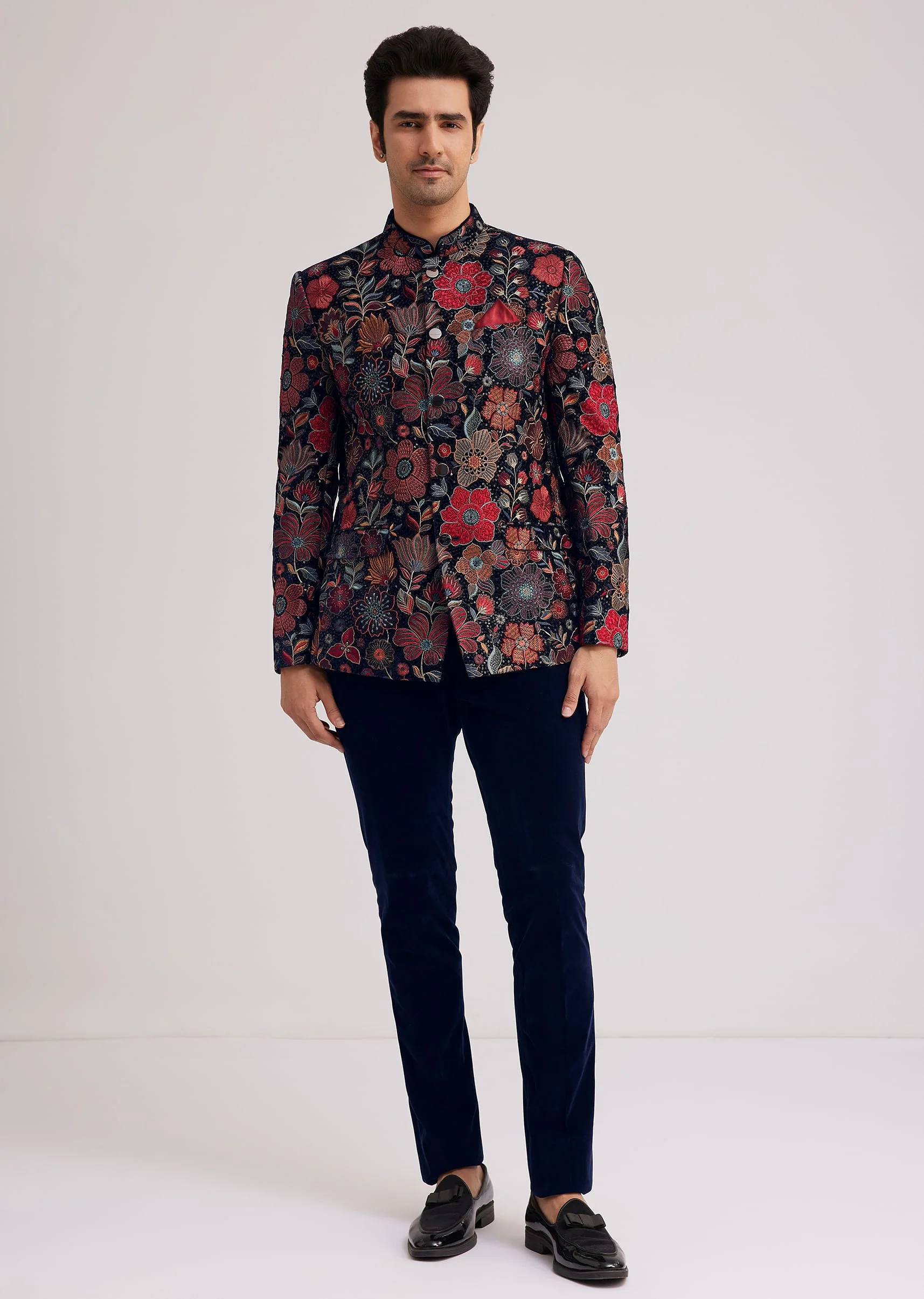 Multi Velvet Jodhpuri Set With Floral Embroidery - Image 3