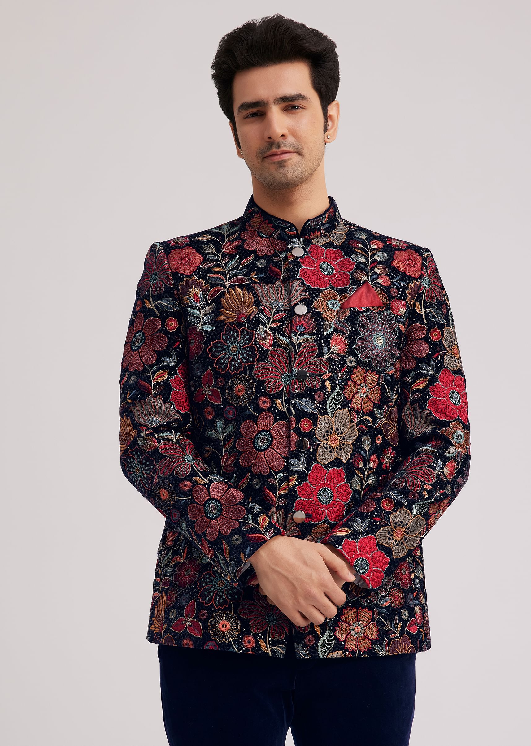 Multi Velvet Jodhpuri Set With Floral Embroidery - Image 4