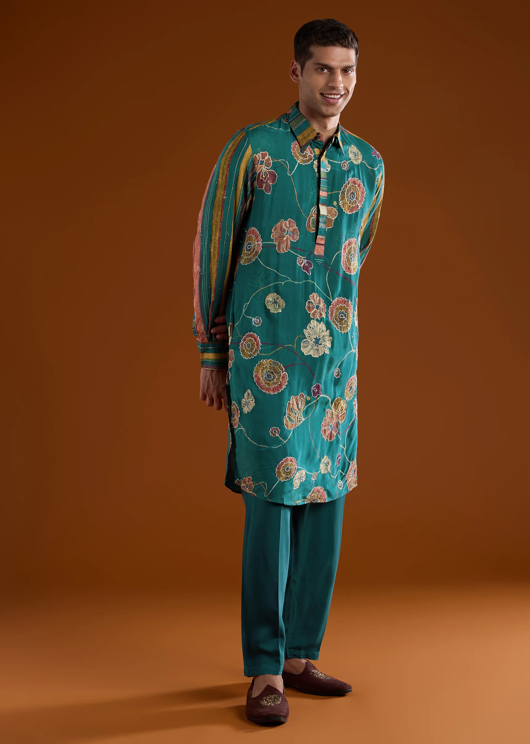 Colourful Artisan Festive Couple Set – Multi-Color Chanderi Anarkali For Her And Teal Kalamkari Kurta Set For Him - Image 10