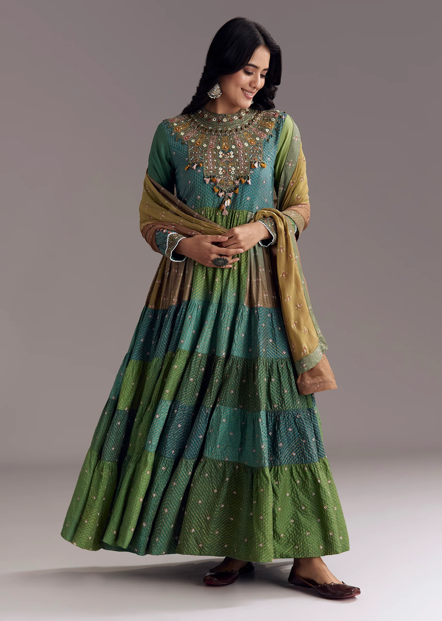 Colourful Artisan Festive Couple Set – Multi-Color Chanderi Anarkali For Her And Teal Kalamkari Kurta Set For Him - Image 2