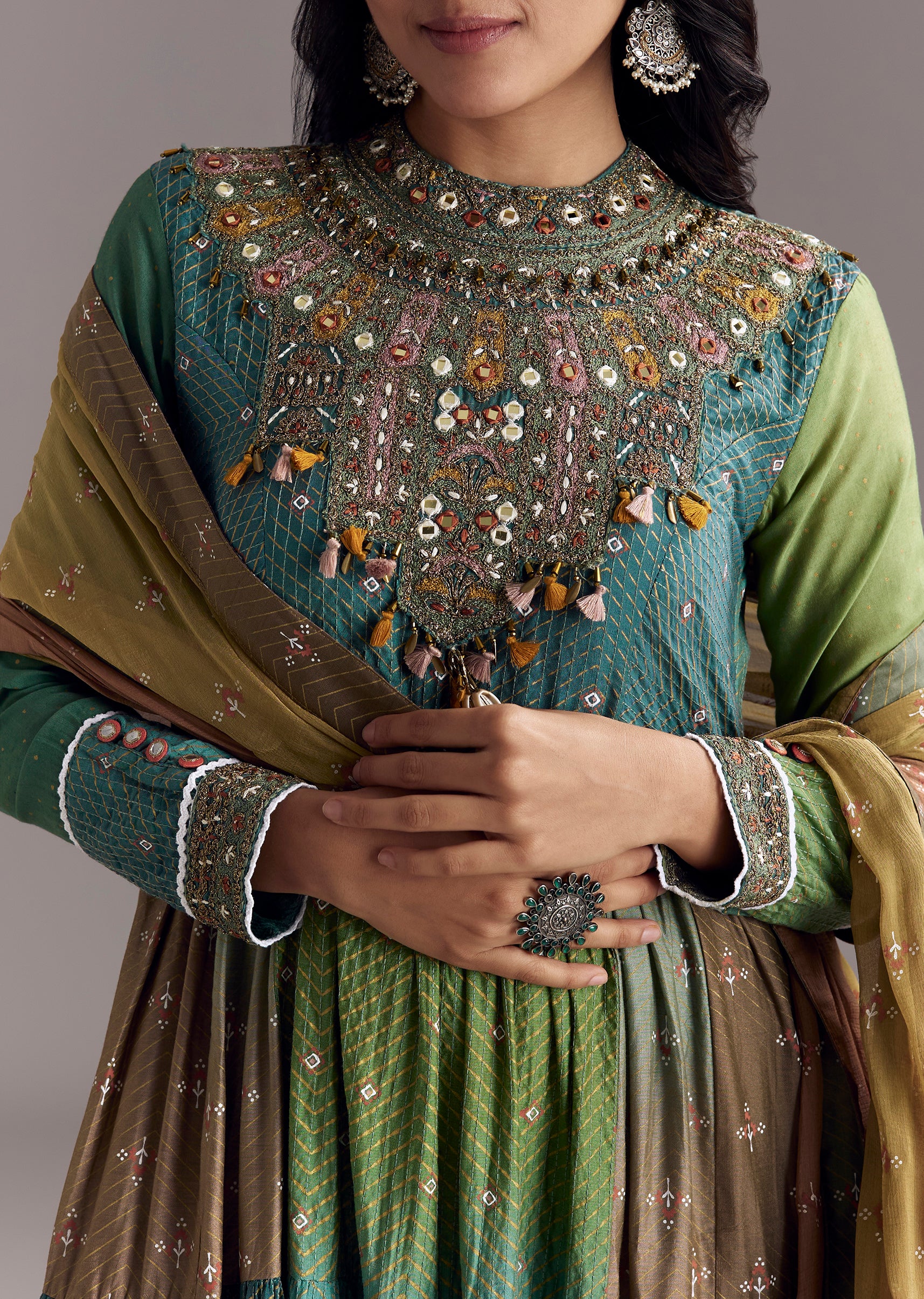 Colourful Artisan Festive Couple Set – Multi-Color Chanderi Anarkali For Her And Teal Kalamkari Kurta Set For Him - Image 3