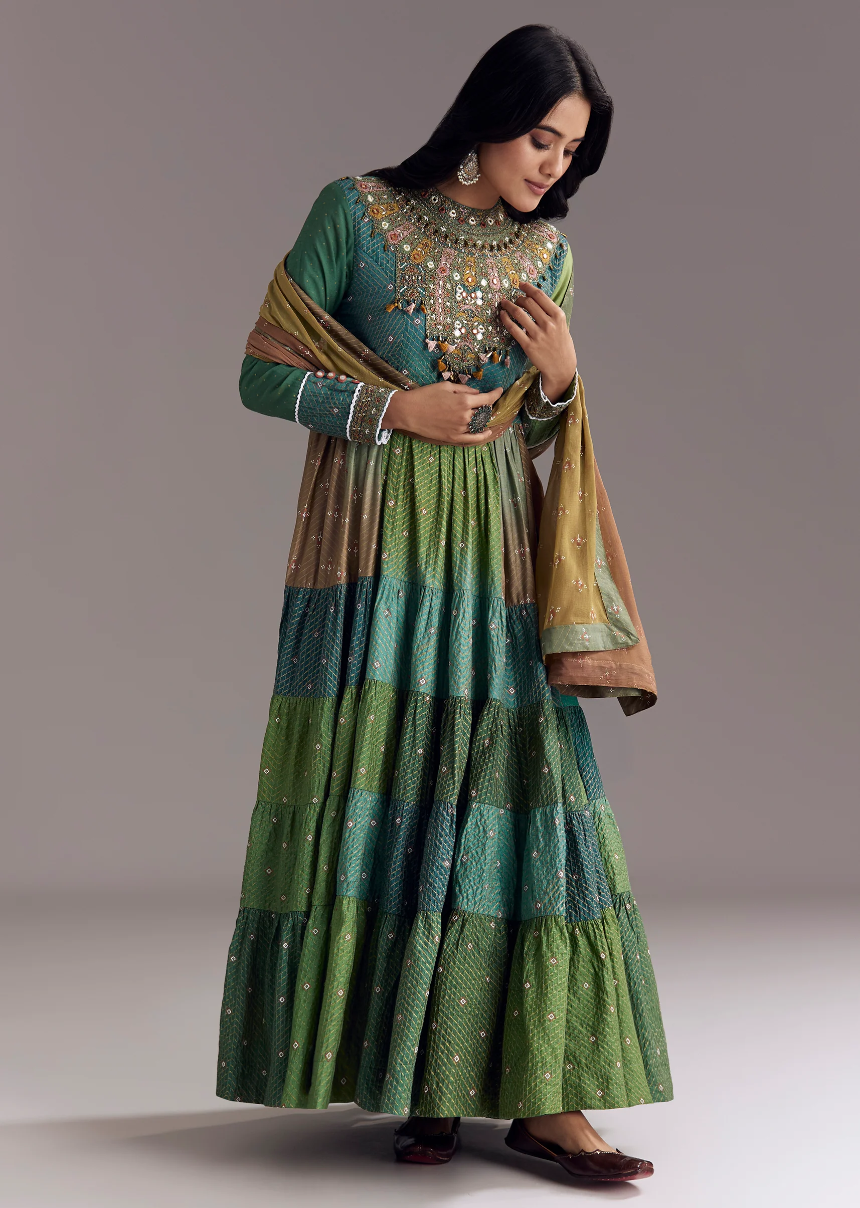 Colourful Artisan Festive Couple Set – Multi-Color Chanderi Anarkali For Her And Teal Kalamkari Kurta Set For Him - Image 4