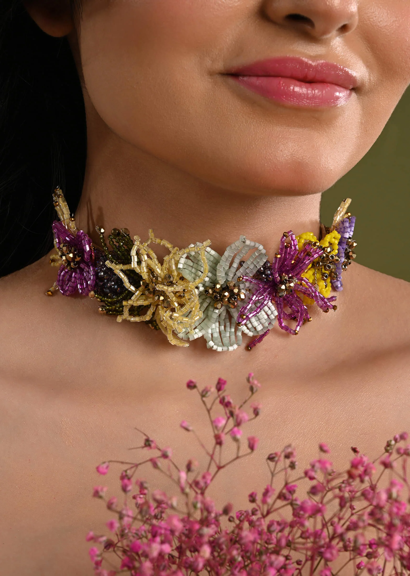 colourful crystal classic floral choker gold plated