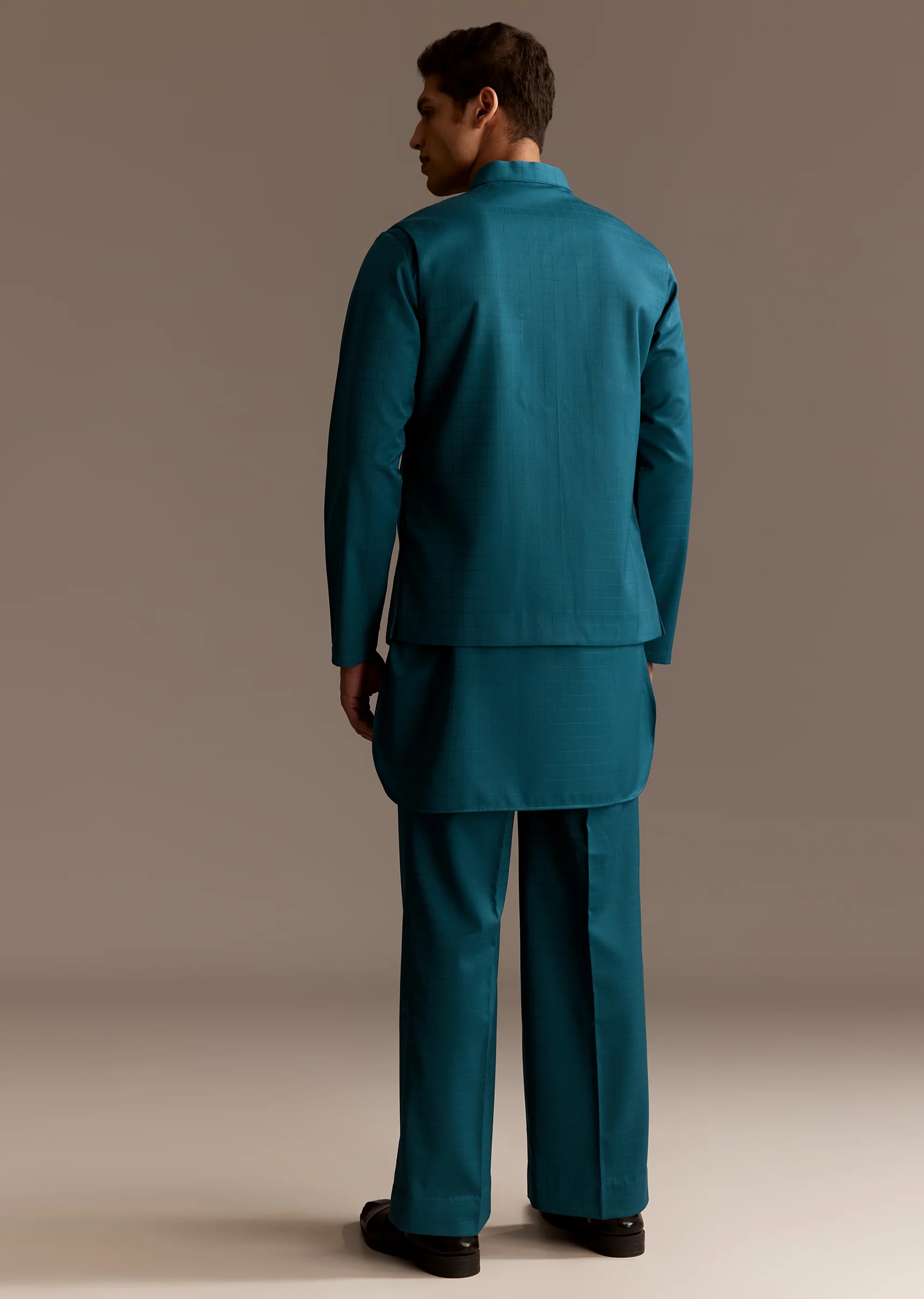 Contemporary Blue Festive Couple Set – Blue Ombre Silk Coord Set For Her And Blue Kurta Jacket Set For Him - Image 10