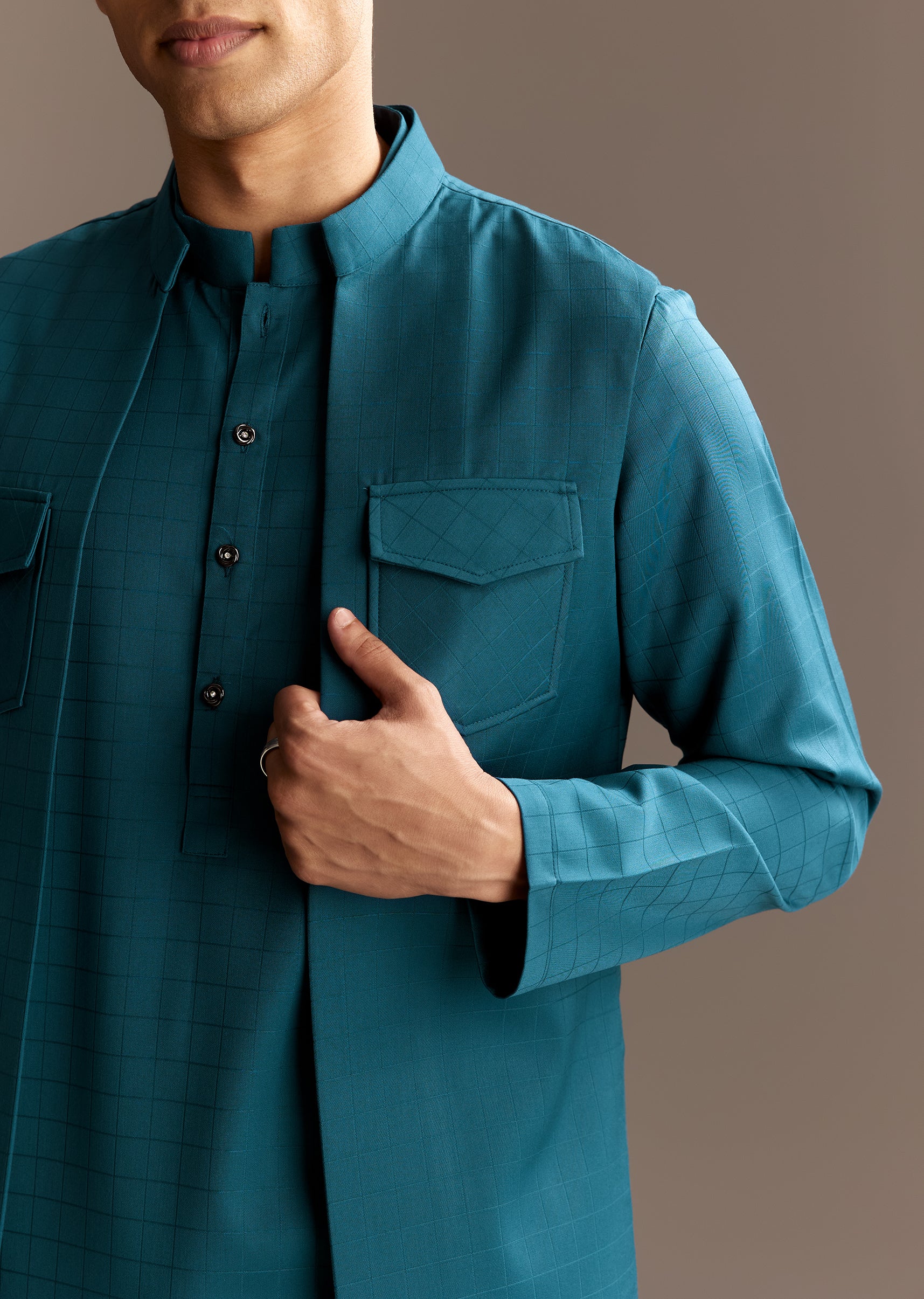 Contemporary Blue Festive Couple Set – Blue Ombre Silk Coord Set For Her And Blue Kurta Jacket Set For Him - Image 12
