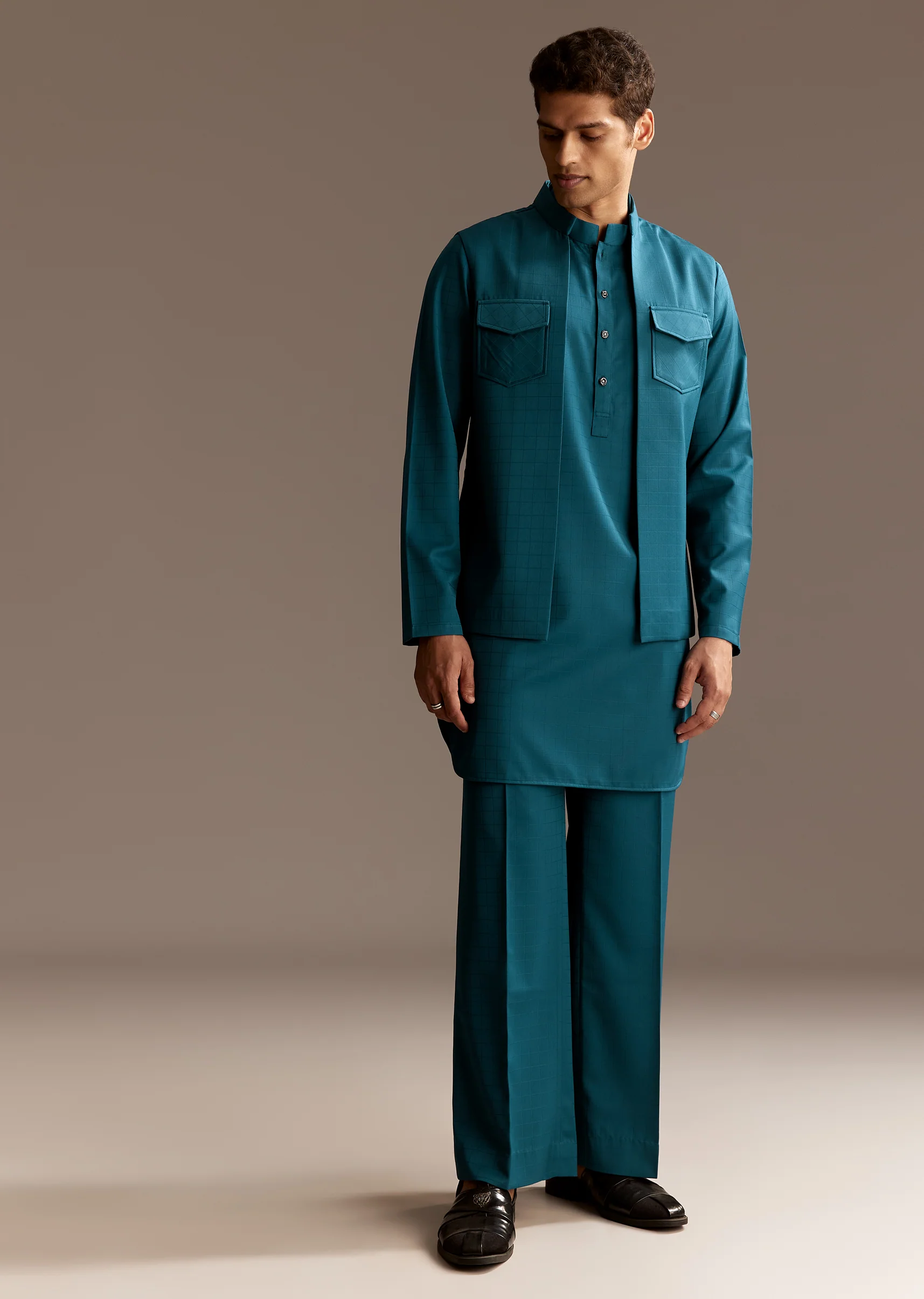Contemporary Blue Festive Couple Set – Blue Ombre Silk Coord Set For Her And Blue Kurta Jacket Set For Him - Image 13