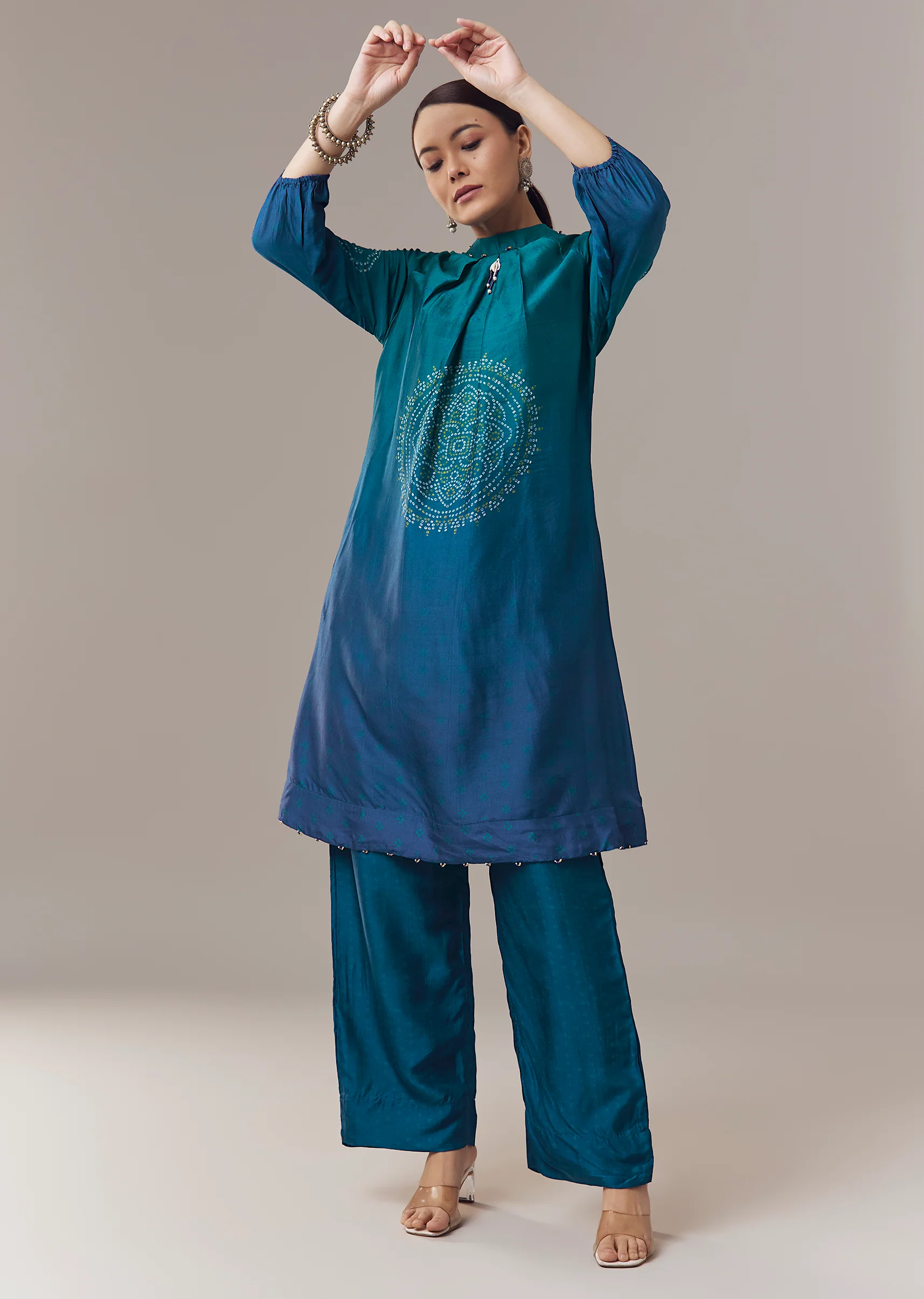 Contemporary Blue Festive Couple Set – Blue Ombre Silk Coord Set For Her And Blue Kurta Jacket Set For Him - Image 2