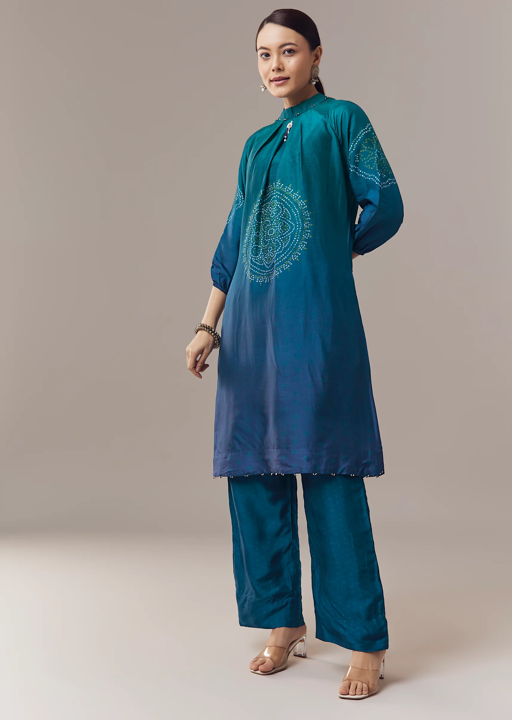 Contemporary Blue Festive Couple Set – Blue Ombre Silk Coord Set For Her And Blue Kurta Jacket Set For Him - Image 4